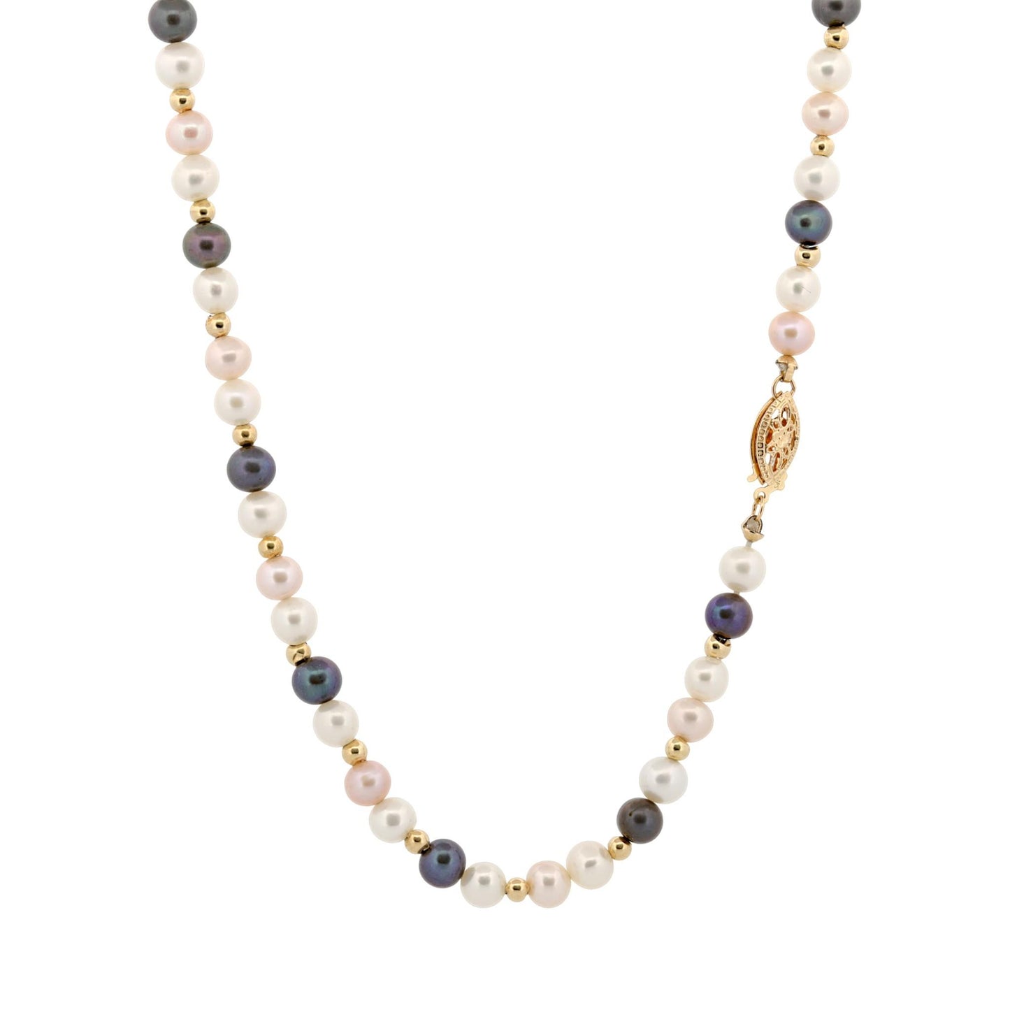 14K Yellow Gold Multicolor Pearl Necklace White Pink Black Pearls 16.5″