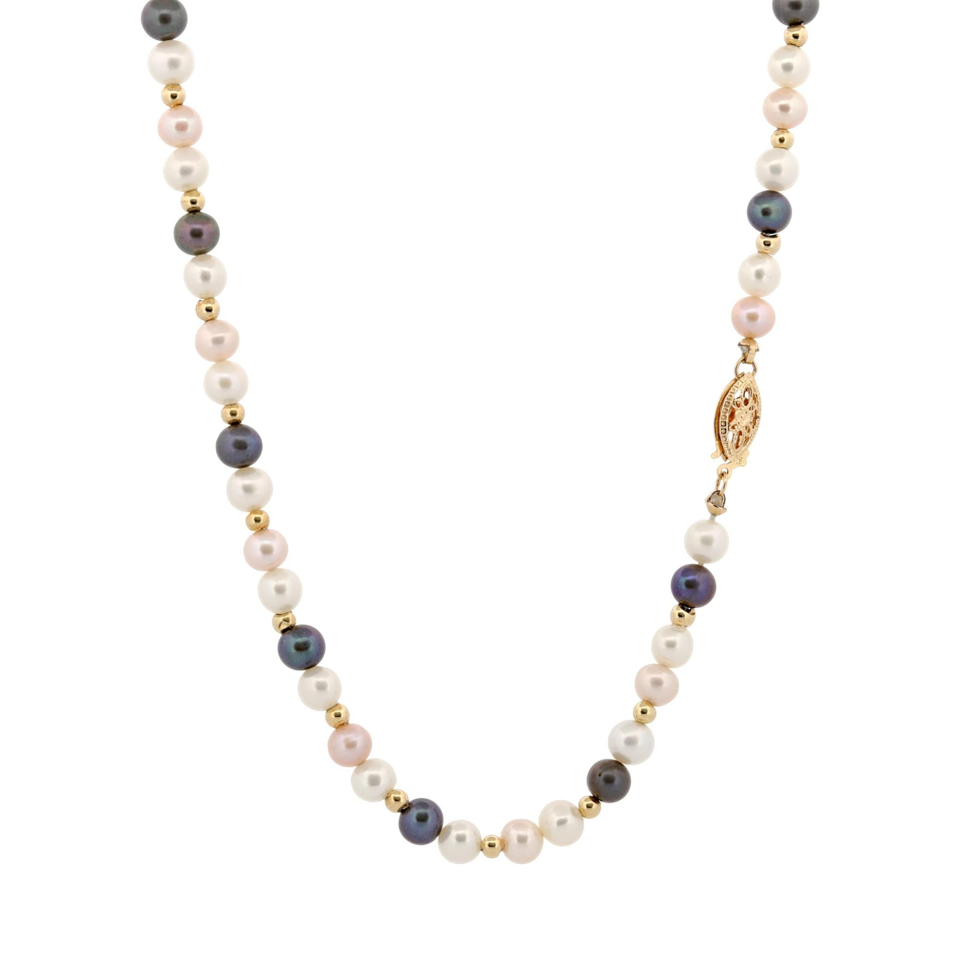 14K Yellow Gold Multicolor Pearl Necklace White Pink Black Pearls 16.5″