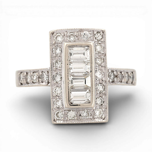 Art Deco 18K White Gold Diamond Ring 0.75ctw Baguette & Round Halo Size 7