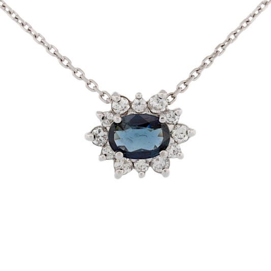 14K White Gold Blue Sapphire & Diamond Halo Slide Pendant Necklace 16″