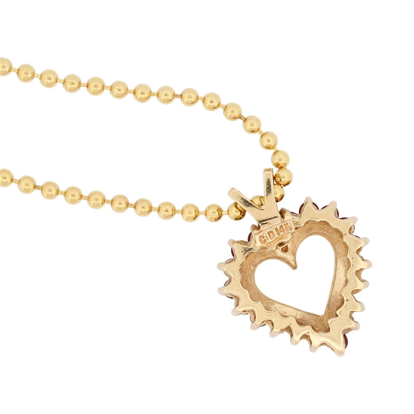 Vintage 14k Yellow Gold Heart Pendant Necklace with Red Gemstones & Diamond