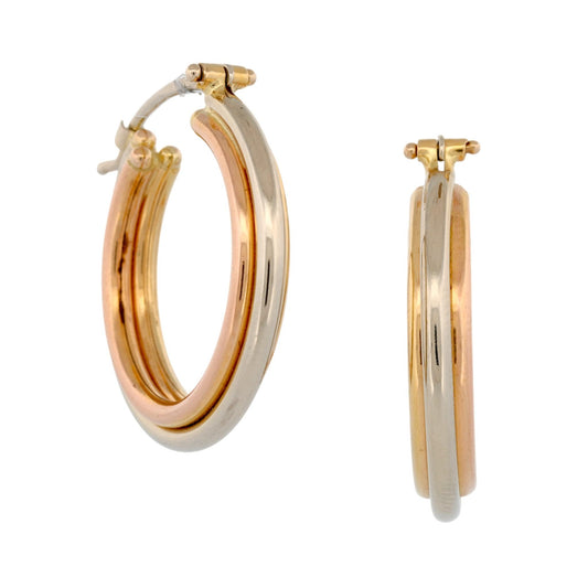 14K Tri-Color Gold Hoop Earrings White Rose Yellow Gold Italy Signed JGJ