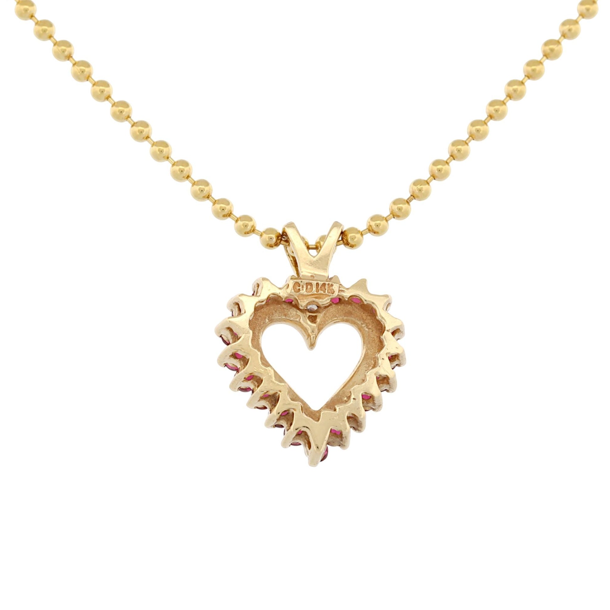 Vintage 14k Yellow Gold Heart Pendant Necklace with Red Gemstones & Diamond