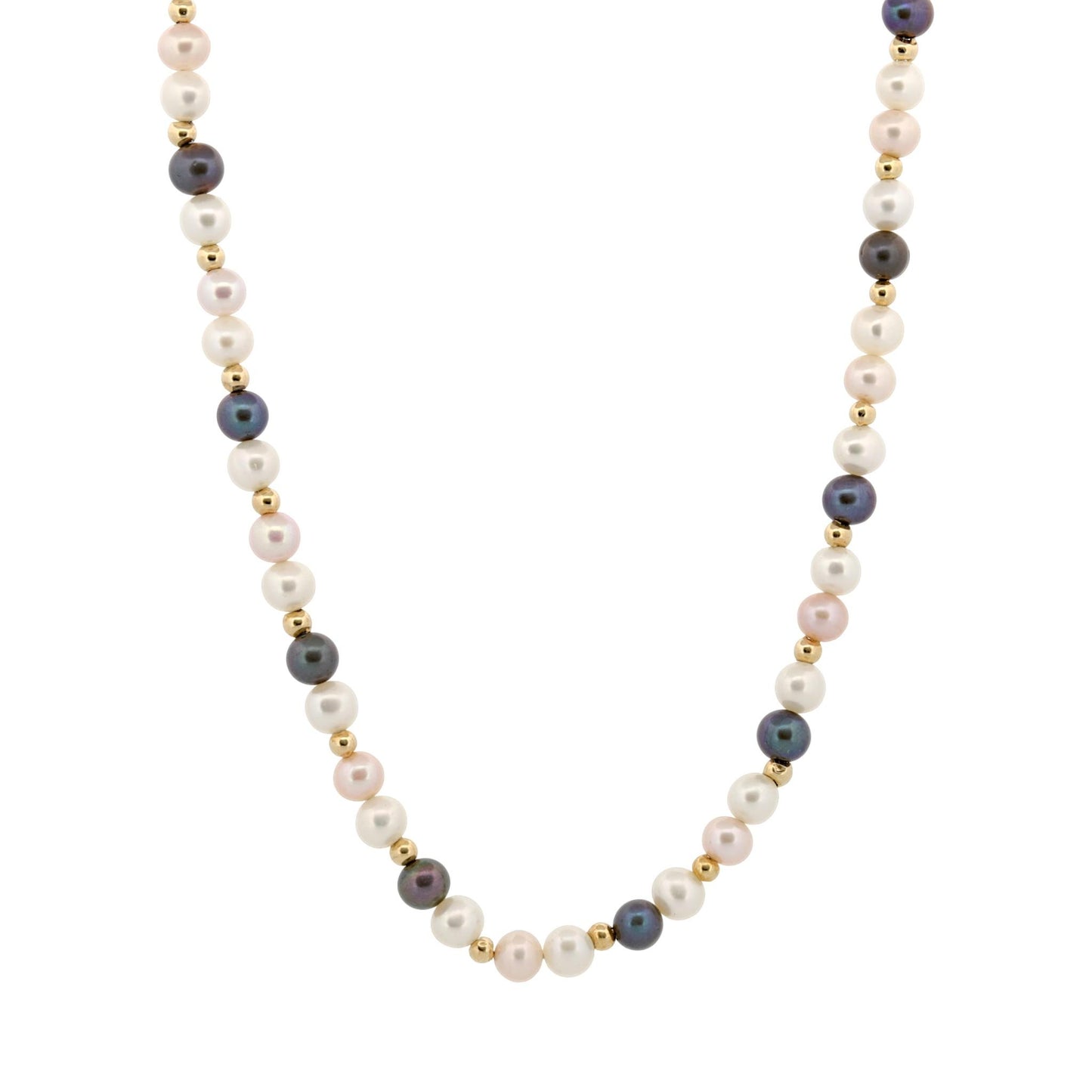 14K Yellow Gold Multicolor Pearl Necklace White Pink Black Pearls 16.5″