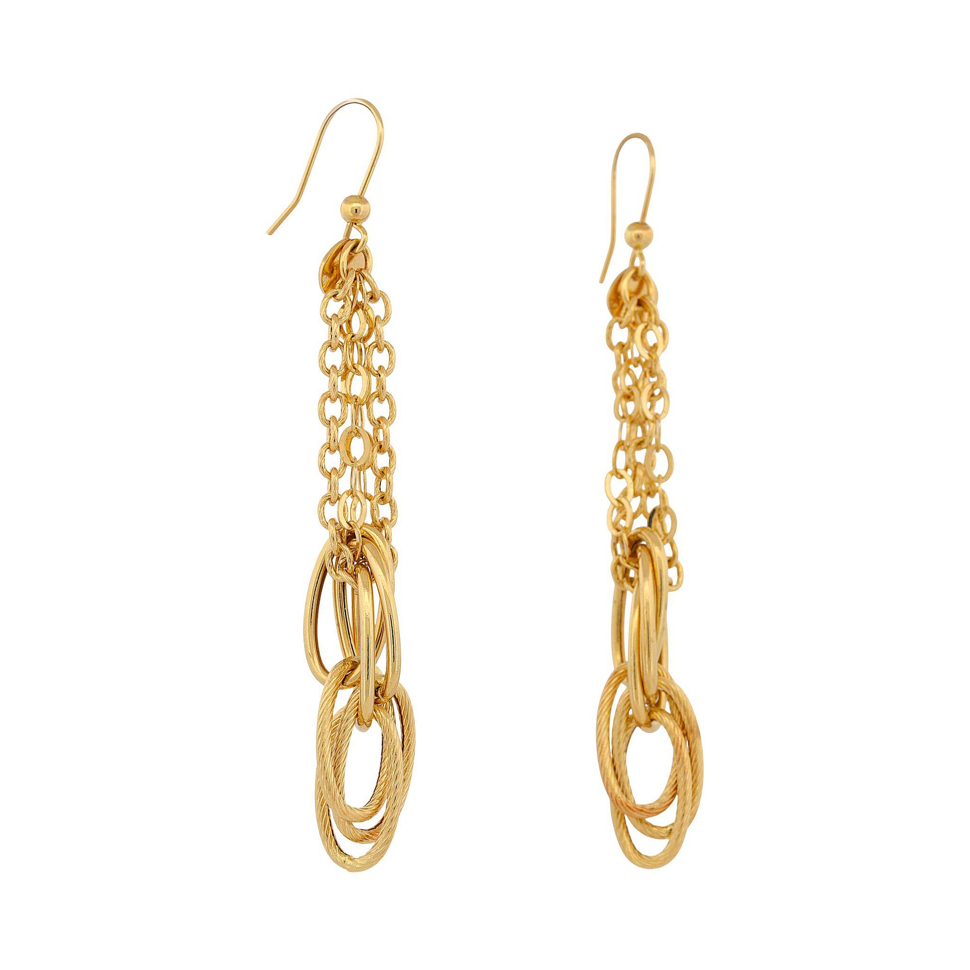 Italian 18K Yellow Gold Long Chain Drop Earrings Hook Style