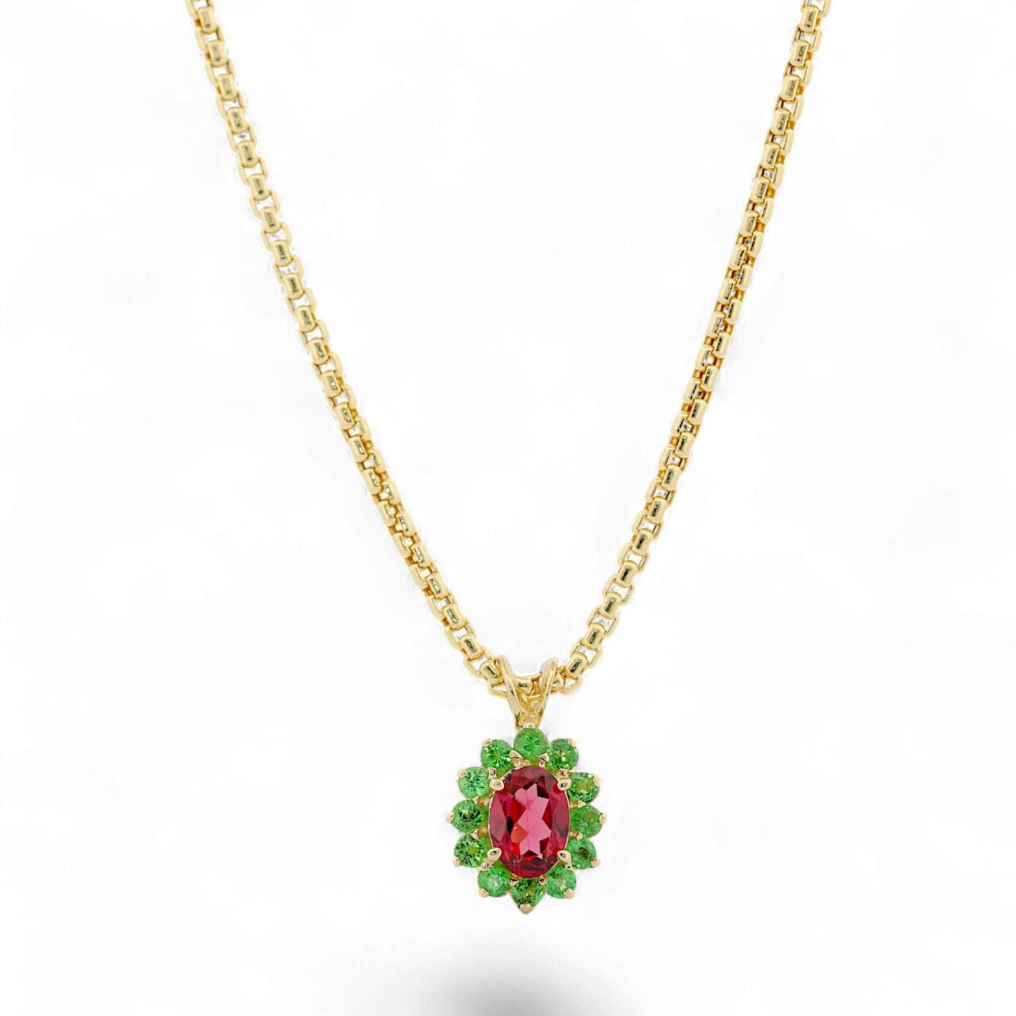 Vintage 14k Yellow Gold Pink & Green Gemstone Halo Pendant Necklace