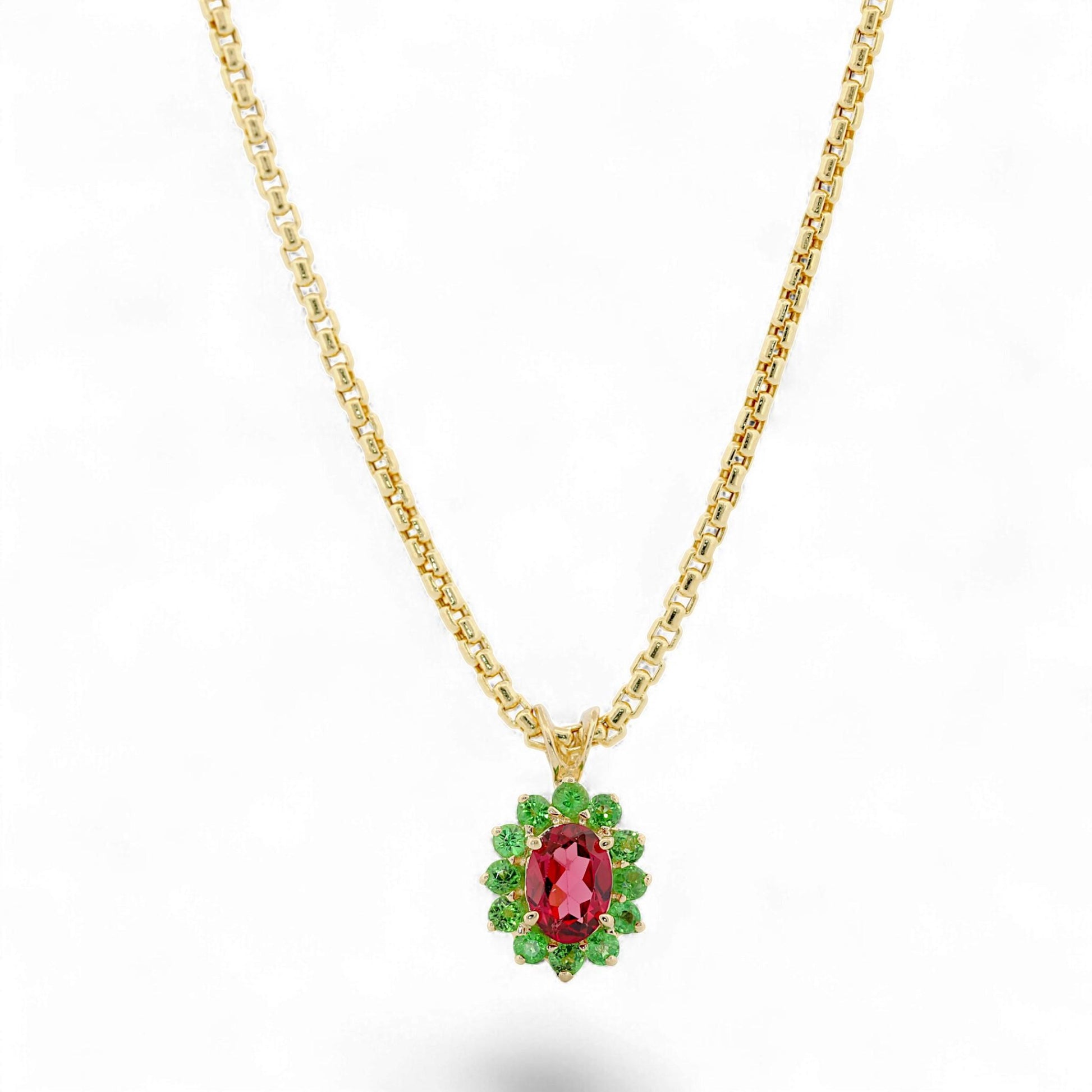 Vintage 14k Yellow Gold Pink & Green Gemstone Halo Pendant Necklace