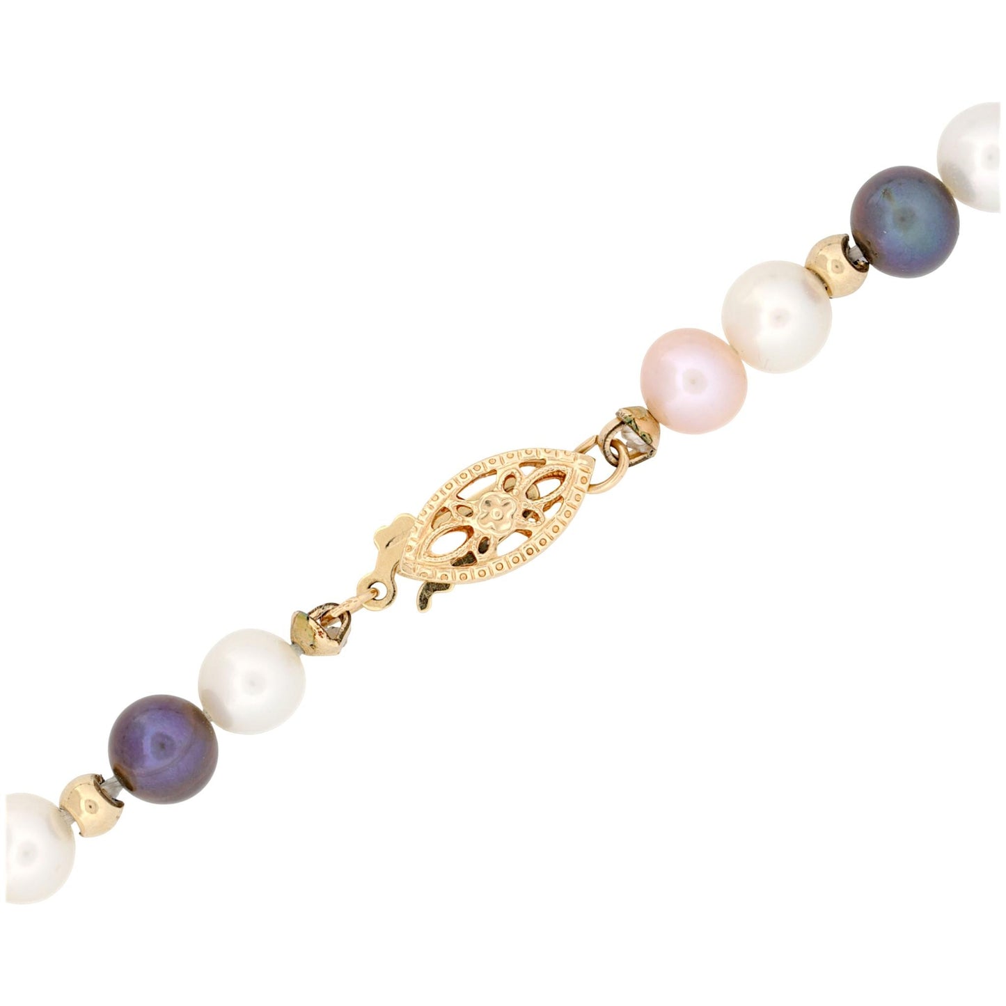 14K Yellow Gold Multicolor Pearl Necklace White Pink Black Pearls 16.5″