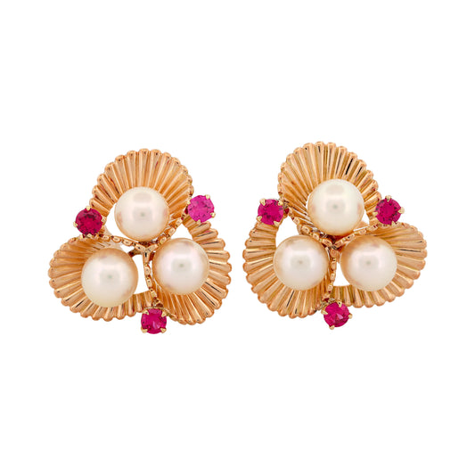 18K Yellow Gold Pearl & Ruby Clip-On Earrings Vintage Floral Fluted