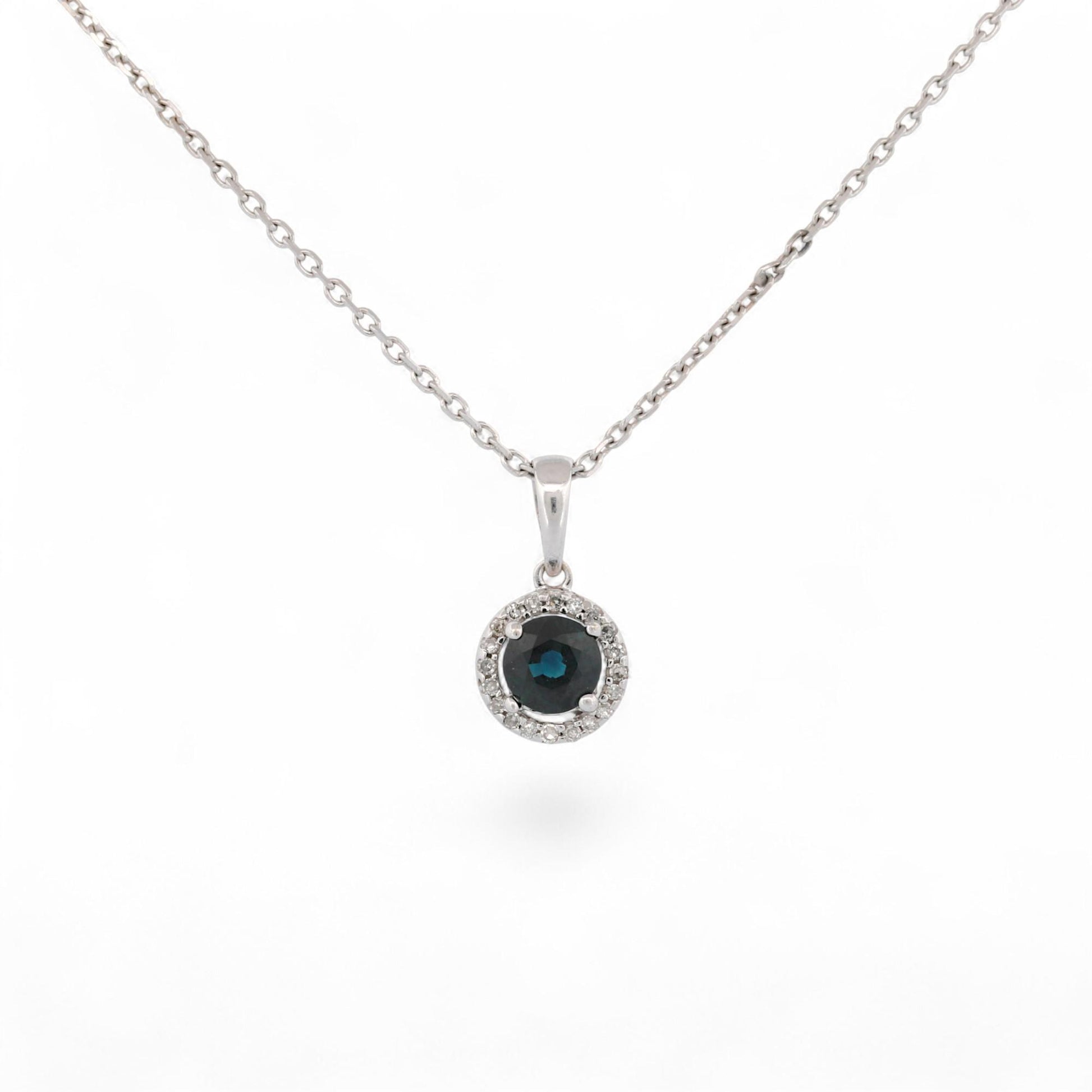 14K White Gold Natural Sapphire & Diamond Halo Minimalist Pendant Necklace