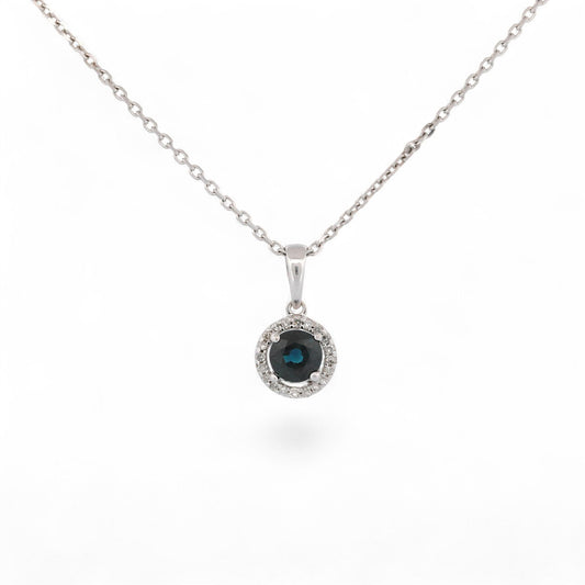 14K White Gold Natural Sapphire & Diamond Halo Minimalist Pendant Necklace