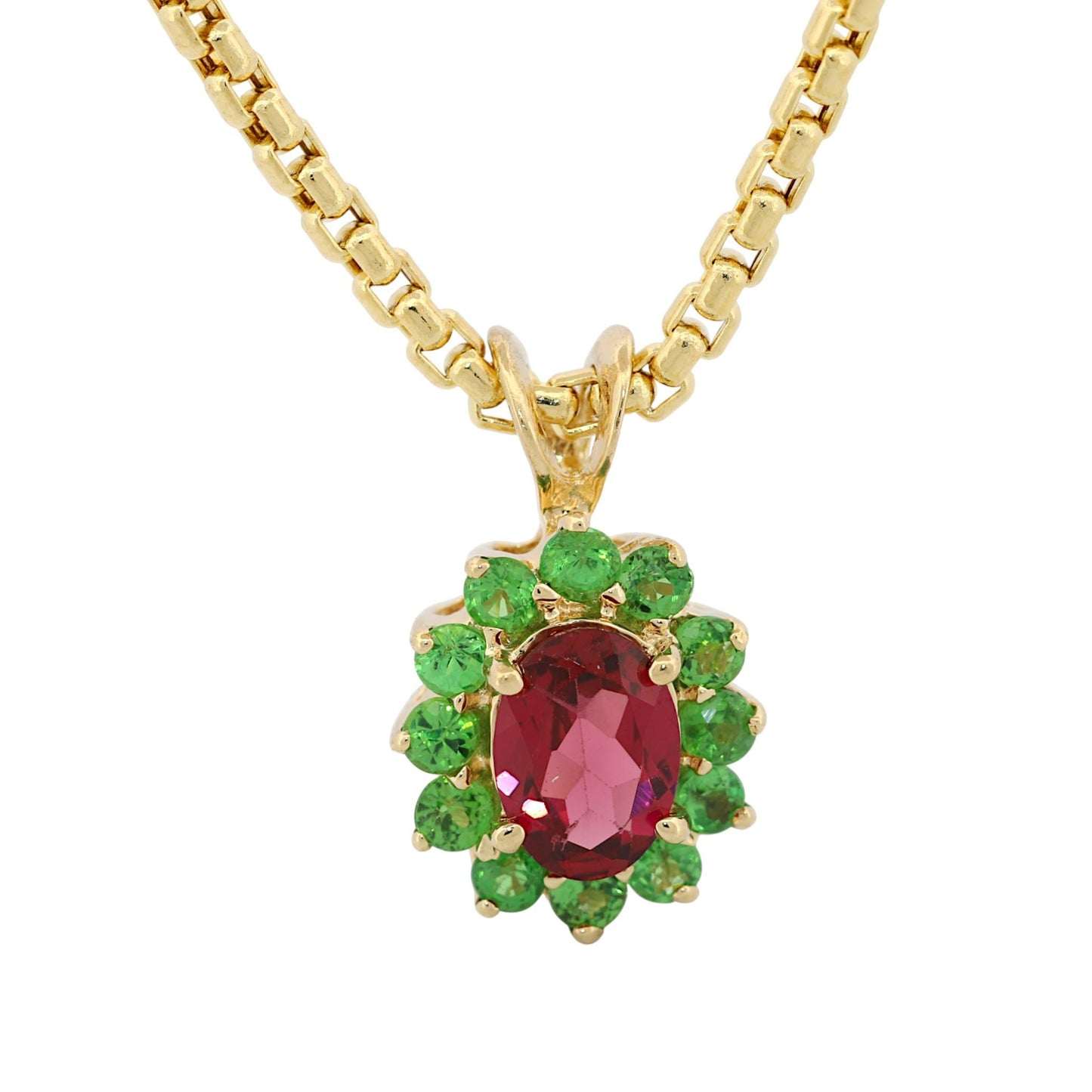 Vintage 14k Yellow Gold Pink & Green Gemstone Halo Pendant Necklace