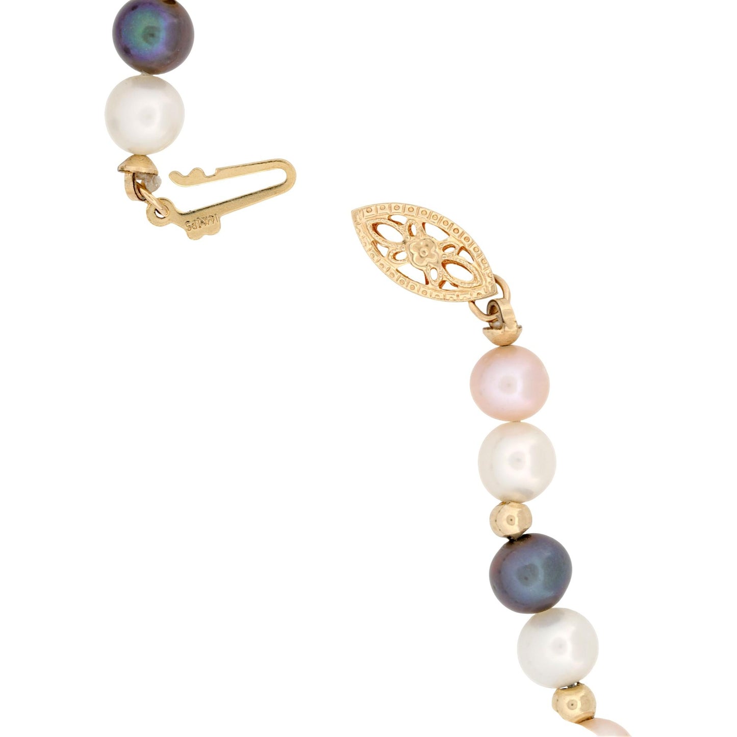 14K Yellow Gold Multicolor Pearl Necklace White Pink Black Pearls 16.5″