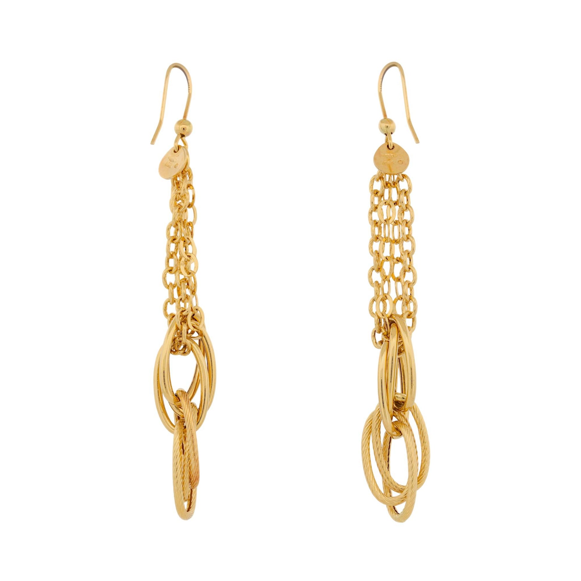 Italian 18K Yellow Gold Long Chain Drop Earrings Hook Style