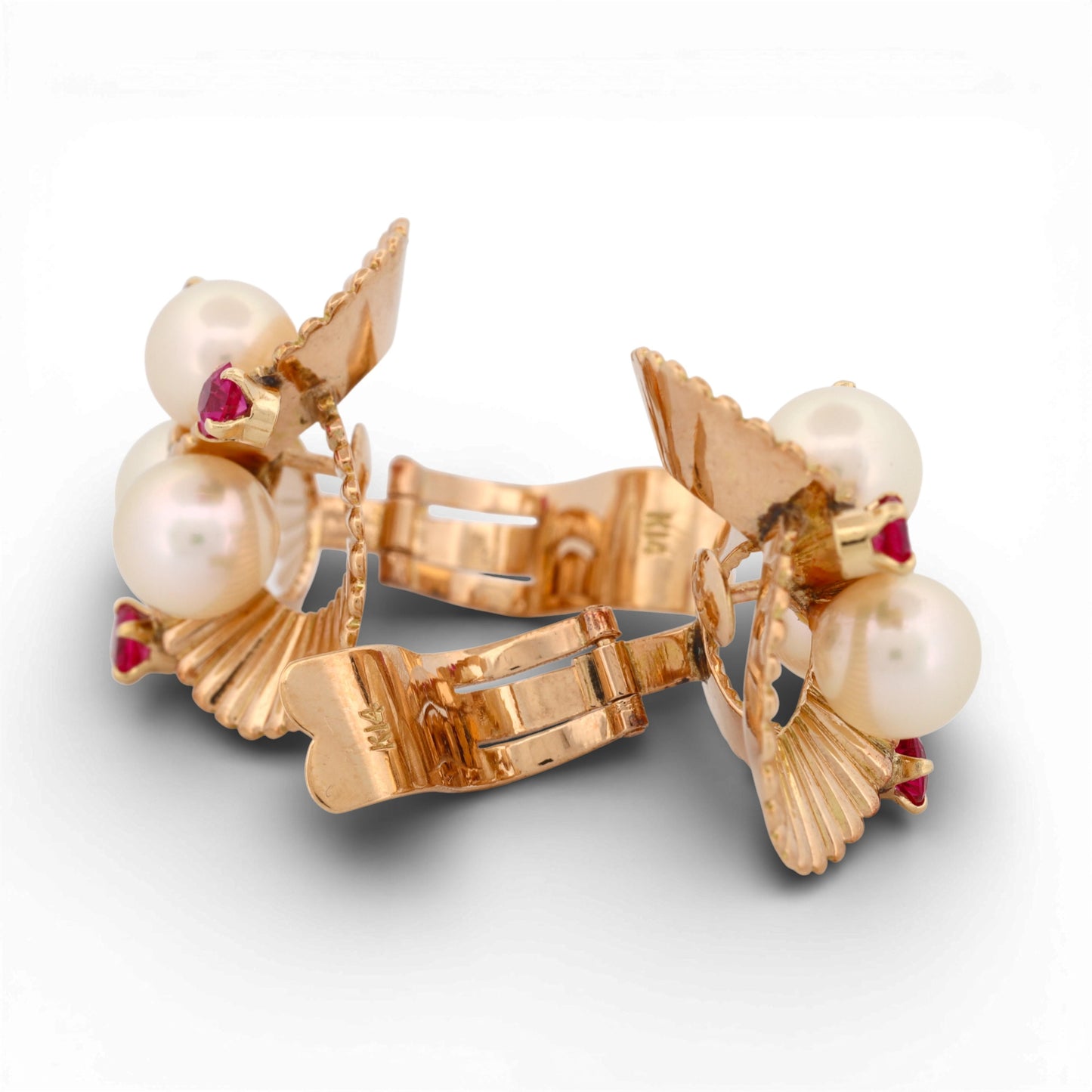 18K Yellow Gold Pearl & Ruby Clip-On Earrings Vintage Floral Fluted