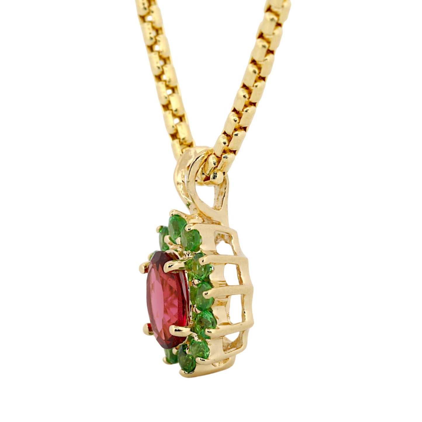Vintage 14k Yellow Gold Pink & Green Gemstone Halo Pendant Necklace