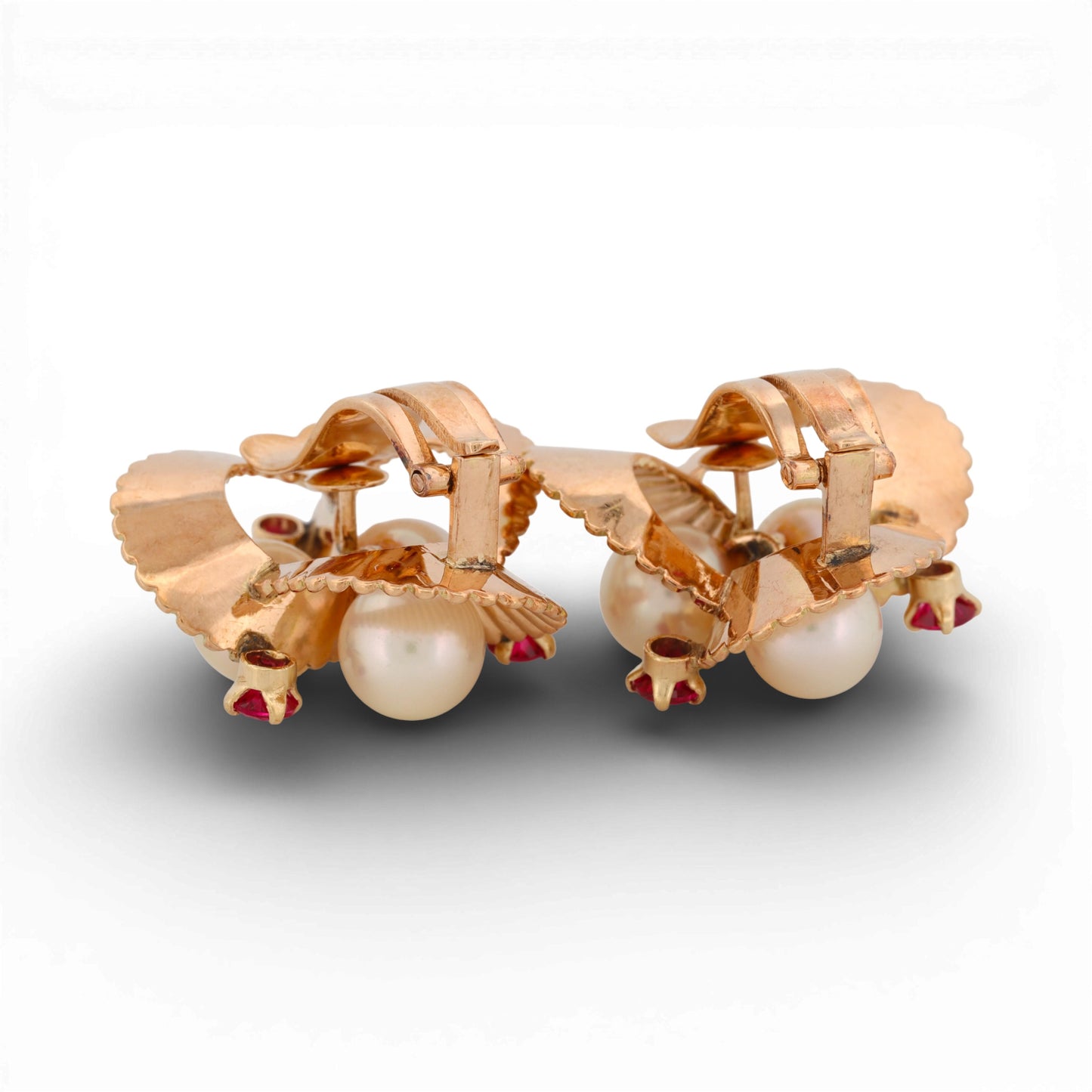 18K Yellow Gold Pearl & Ruby Clip-On Earrings Vintage Floral Fluted