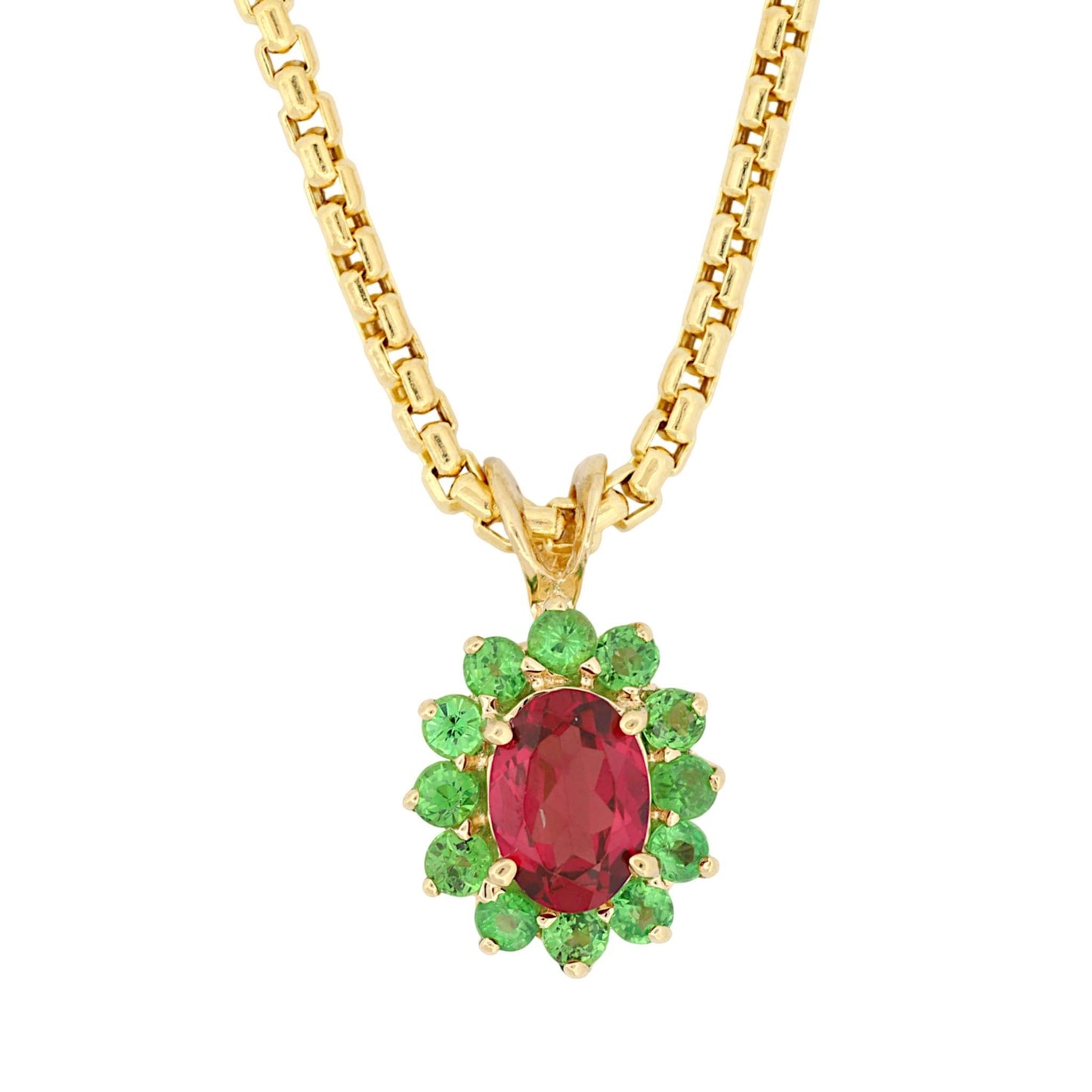 Vintage 14k Yellow Gold Pink & Green Gemstone Halo Pendant Necklace