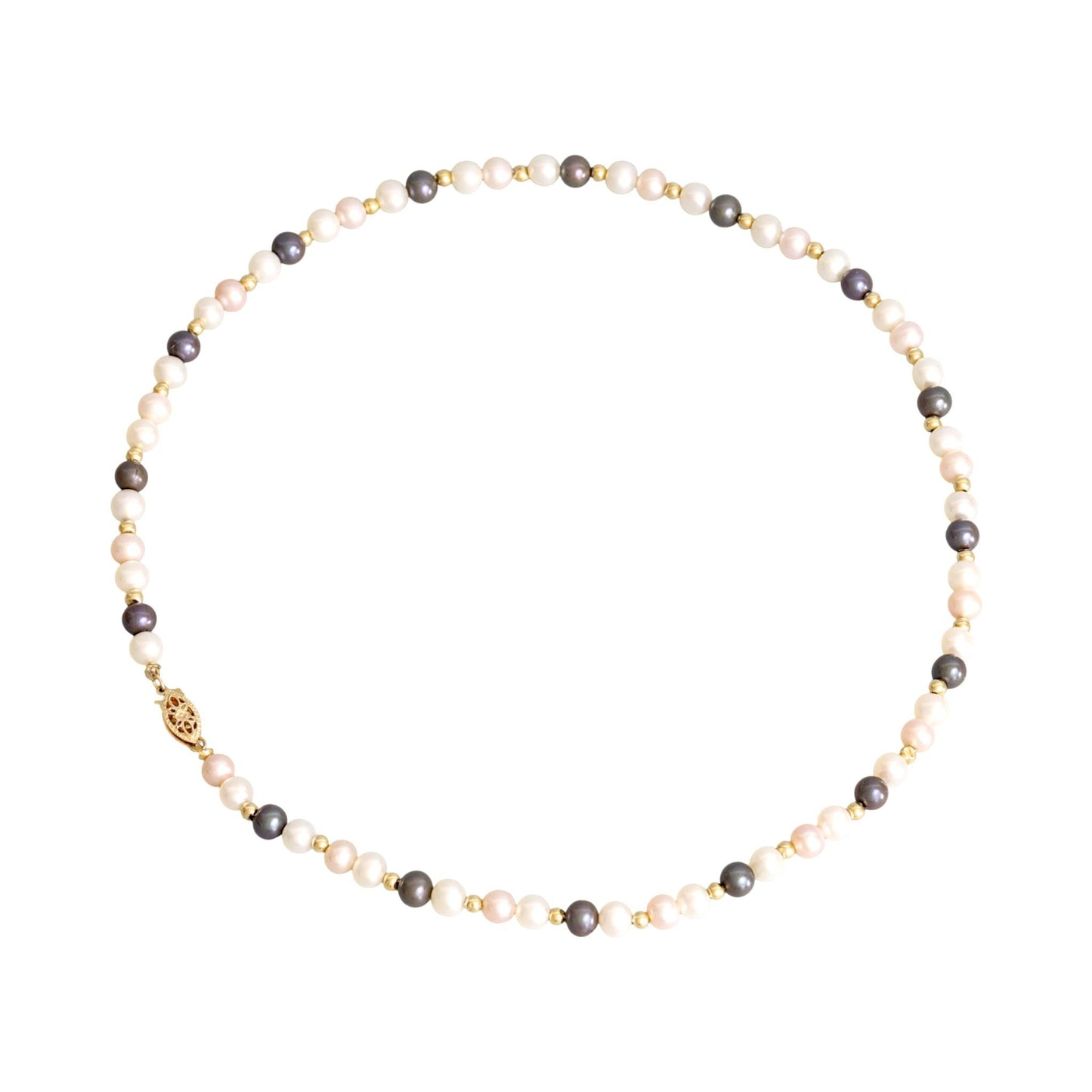 14K Yellow Gold Multicolor Pearl Necklace White Pink Black Pearls 16.5″