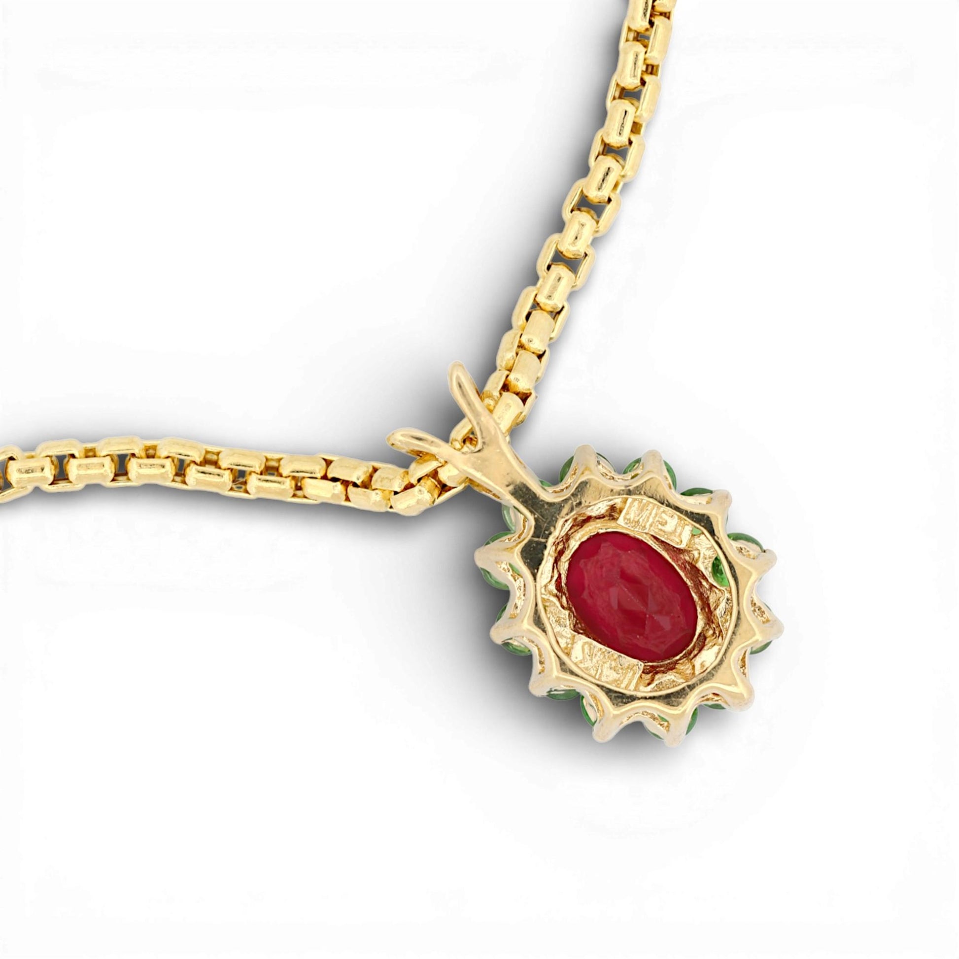 Vintage 14k Yellow Gold Pink & Green Gemstone Halo Pendant Necklace