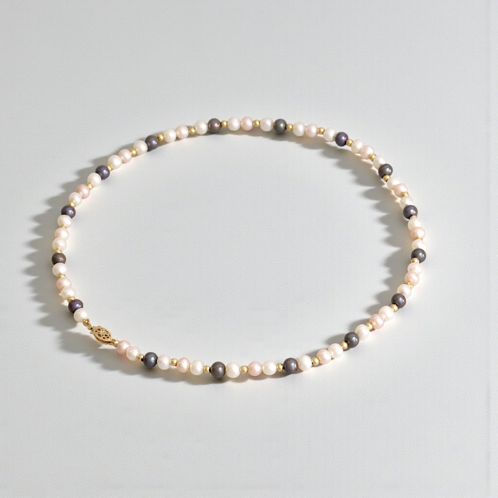 14K Yellow Gold Multicolor Pearl Necklace White Pink Black Pearls 16.5″