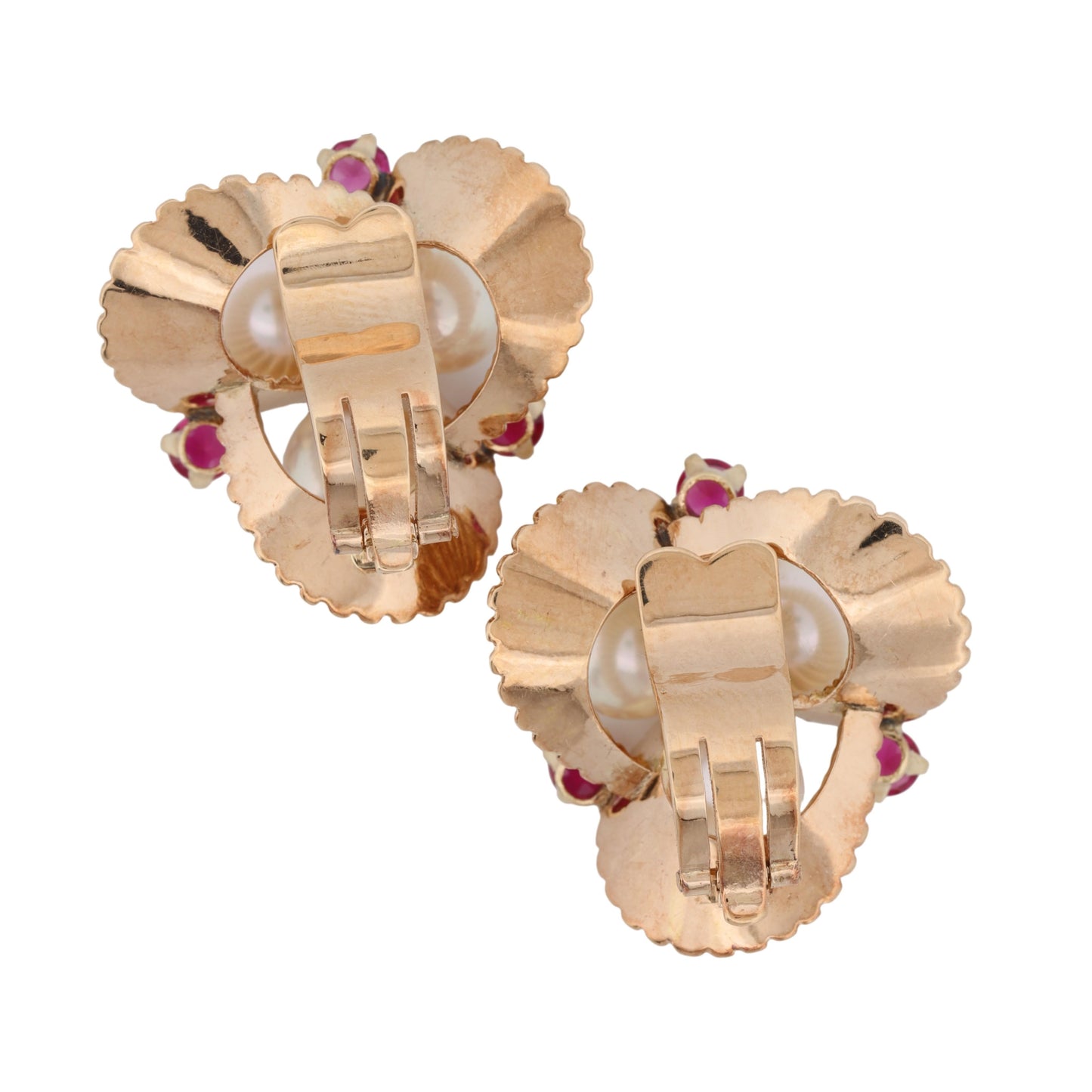 18K Yellow Gold Pearl & Ruby Clip-On Earrings Vintage Floral Fluted