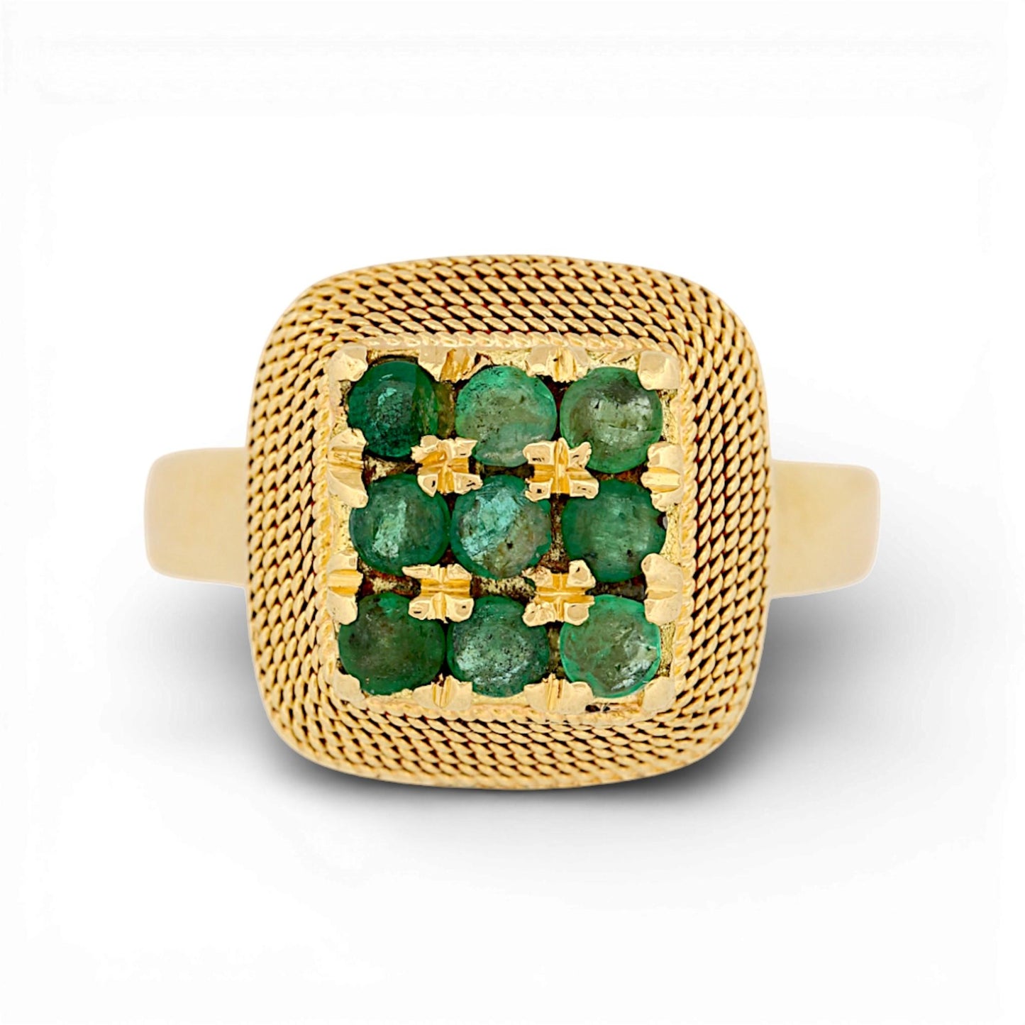 Vintage 18k Yellow Gold Emerald Rope-Textured Retro Statement Ring