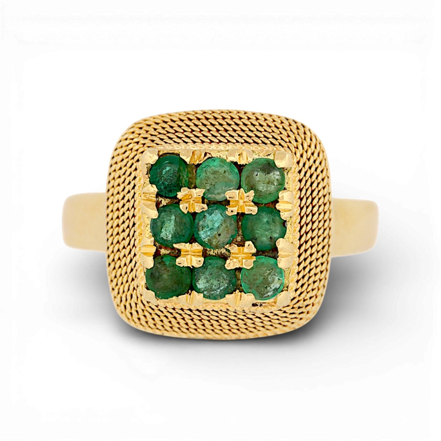 Vintage 18k Yellow Gold Emerald Rope-Textured Retro Statement Ring