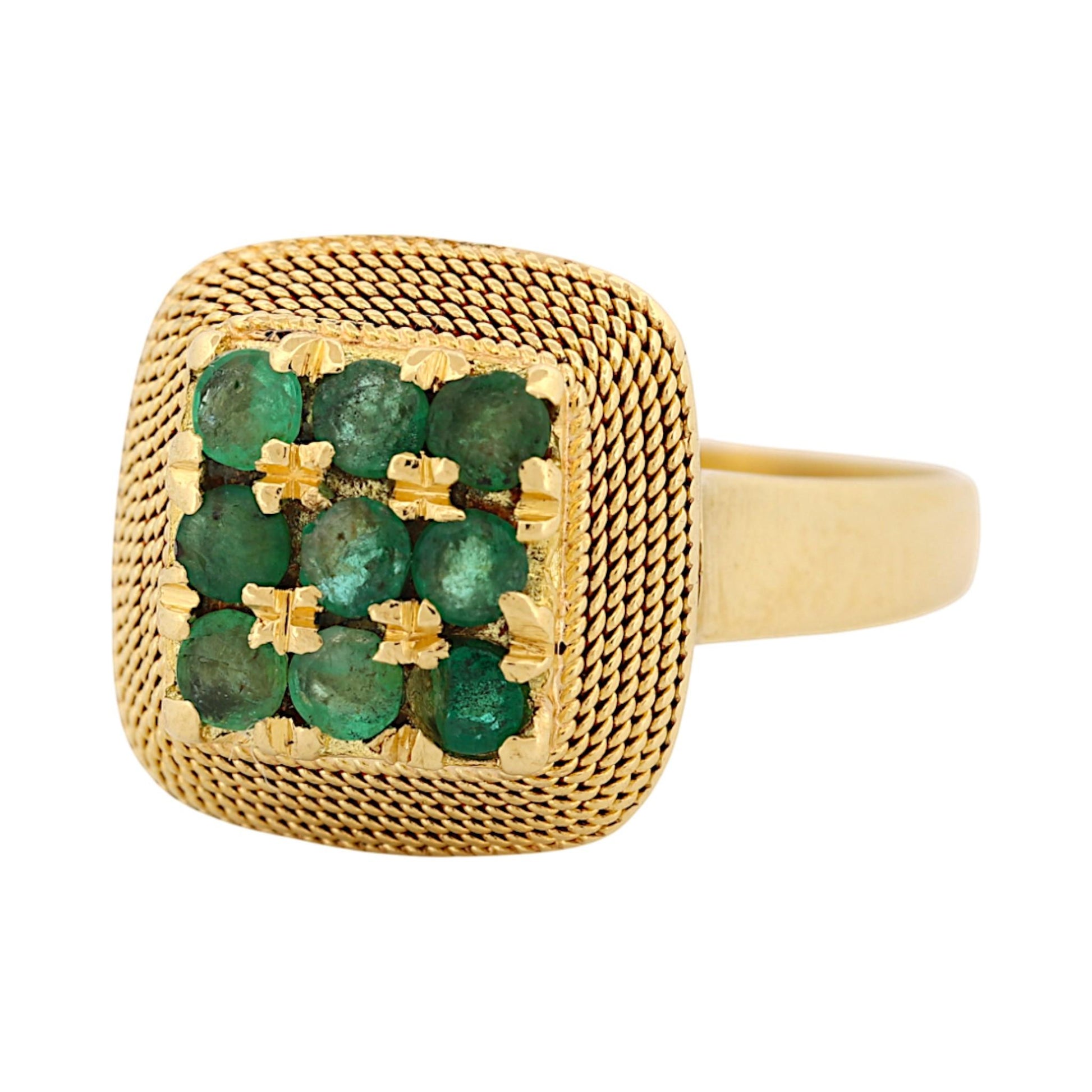 Vintage 18k Yellow Gold Emerald Rope-Textured Retro Statement Ring