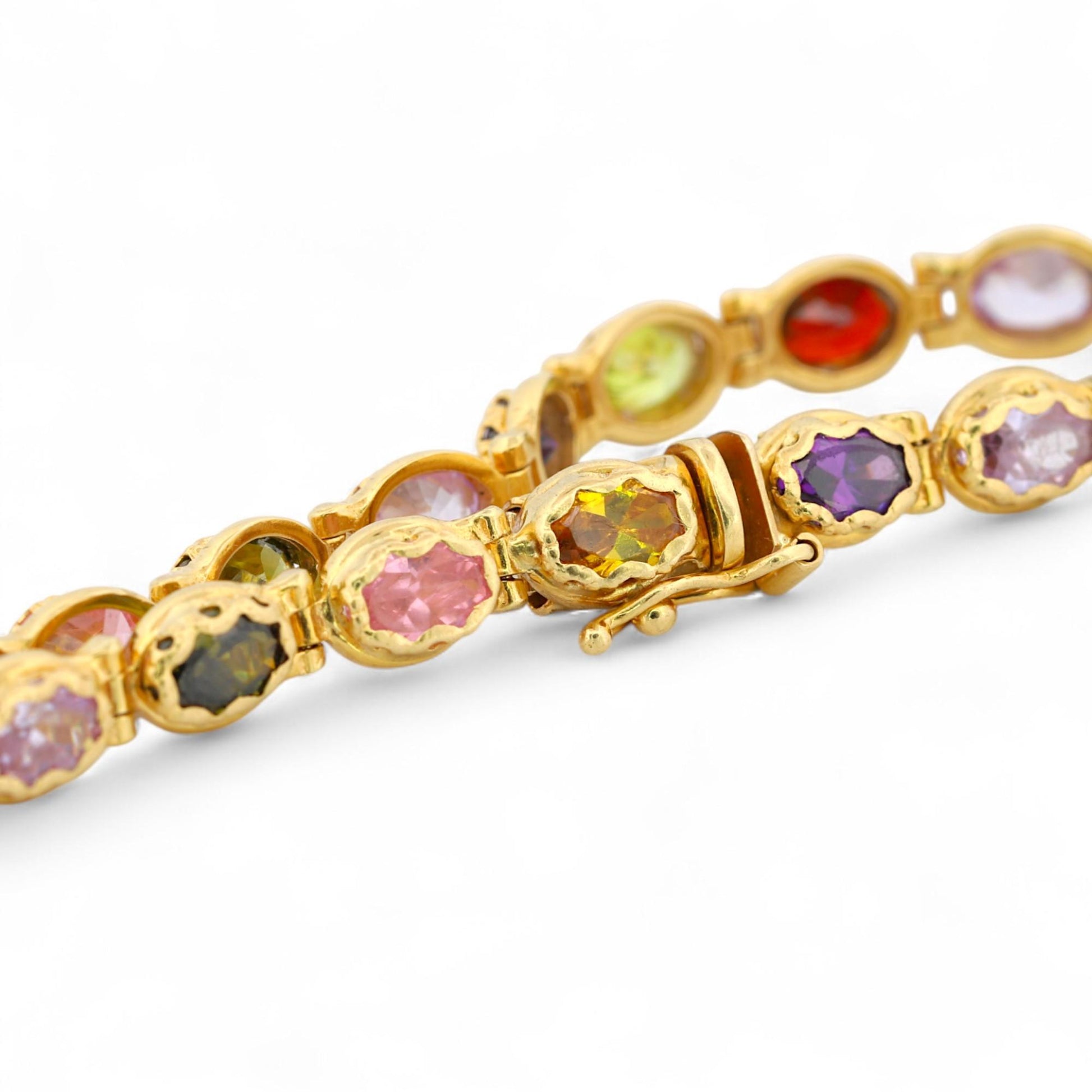Vintage Italian 18K Yellow Gold Multi-Gemstone Link Bracelet Signed 7.5 in