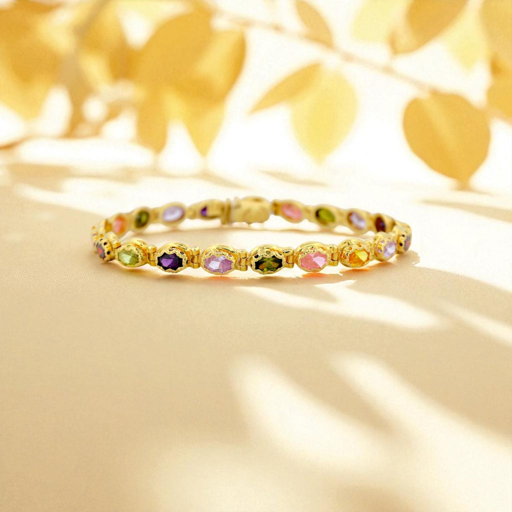 Vintage Italian 18K Yellow Gold Multi-Gemstone Link Bracelet Signed 7.5 in