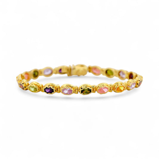 Vintage Italian 18K Yellow Gold Multi-Gemstone Link Bracelet Signed 7.5 in
