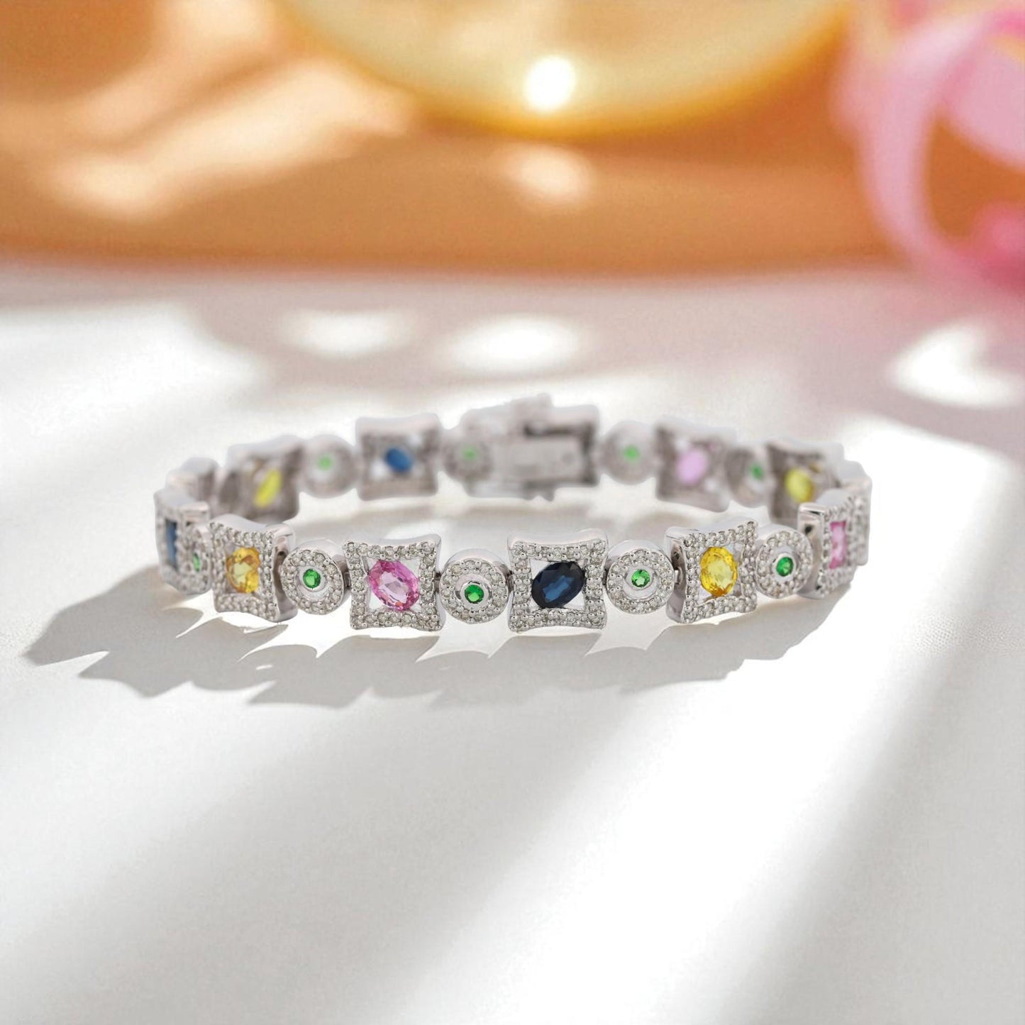 14K White Gold Multi-Color Sapphire & Diamond Bracelet 7 in