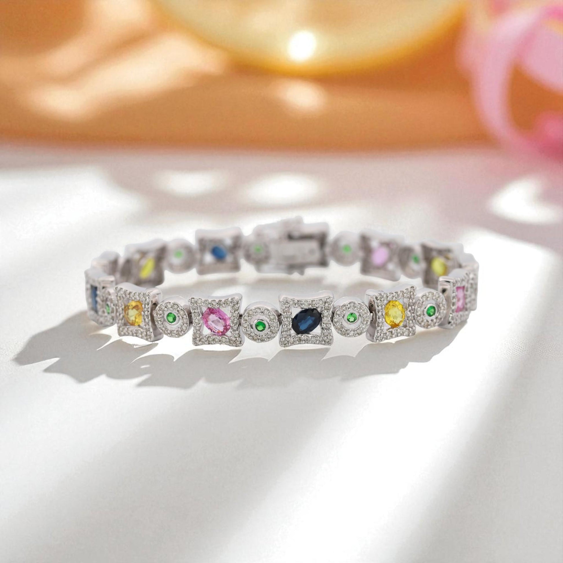 14K White Gold Multi-Color Sapphire & Diamond Bracelet 7 in
