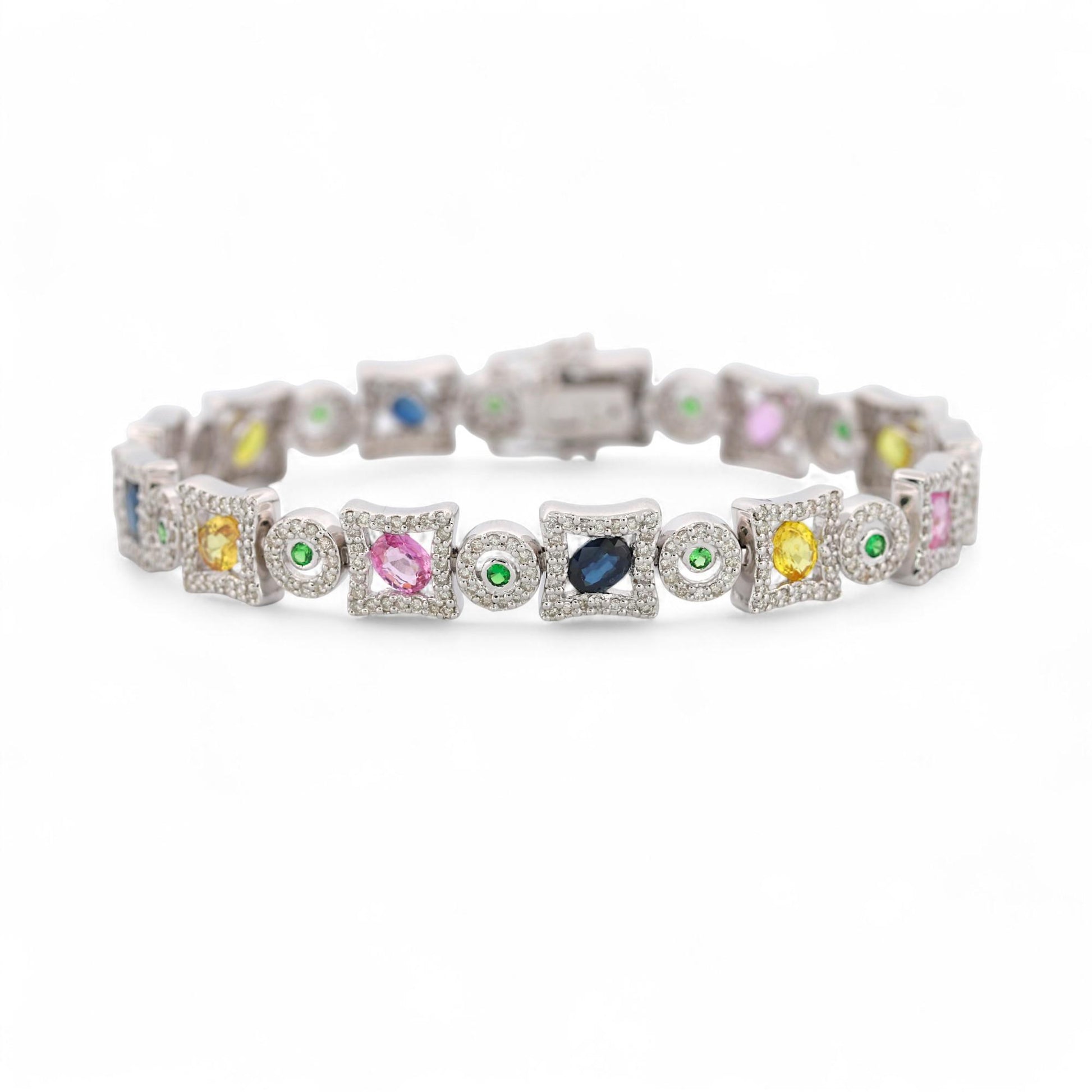 14K White Gold Multi-Color Sapphire & Diamond Bracelet 7 in