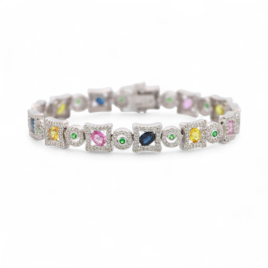 14K White Gold Multi-Color Sapphire & Diamond Bracelet 7 in