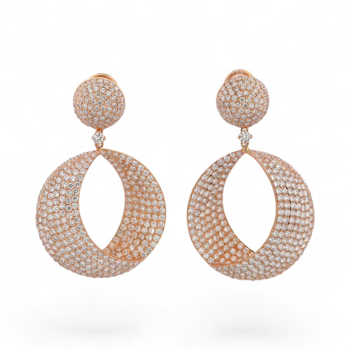 18K Rose Gold Diamond Pave Drop Earrings 6.50ct Statement Omega Backs