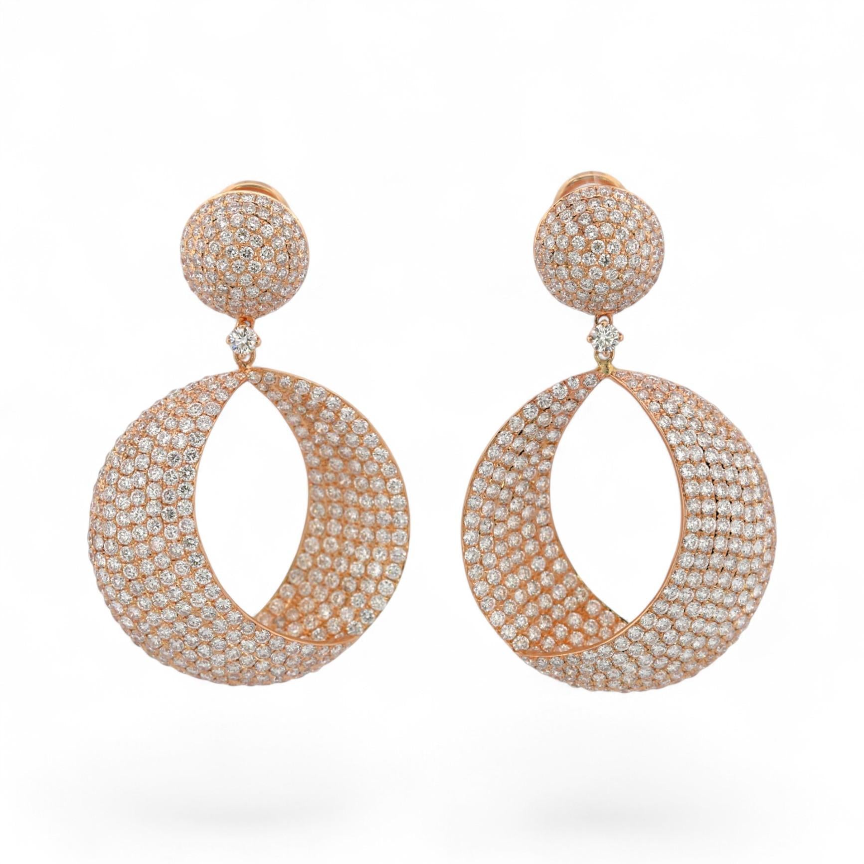 18K Rose Gold Diamond Pave Drop Earrings 6.50ct Statement Omega Backs