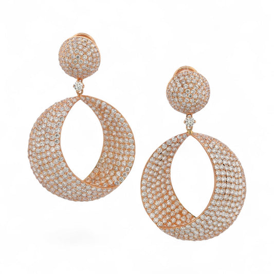 18K Rose Gold Diamond Pave Drop Earrings 6.50ct Statement Omega Backs