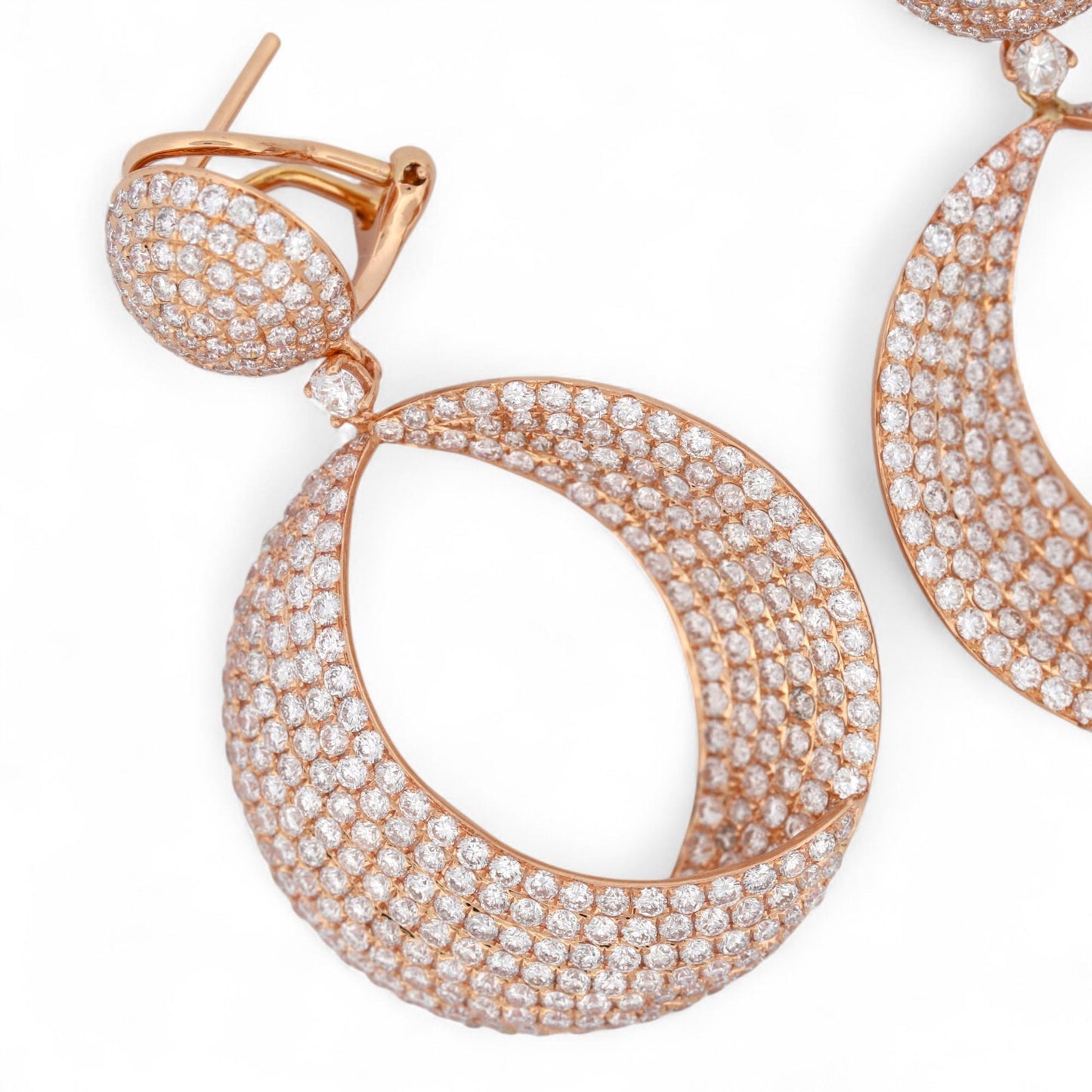 18K Rose Gold Diamond Pave Drop Earrings 6.50ct Statement Omega Backs