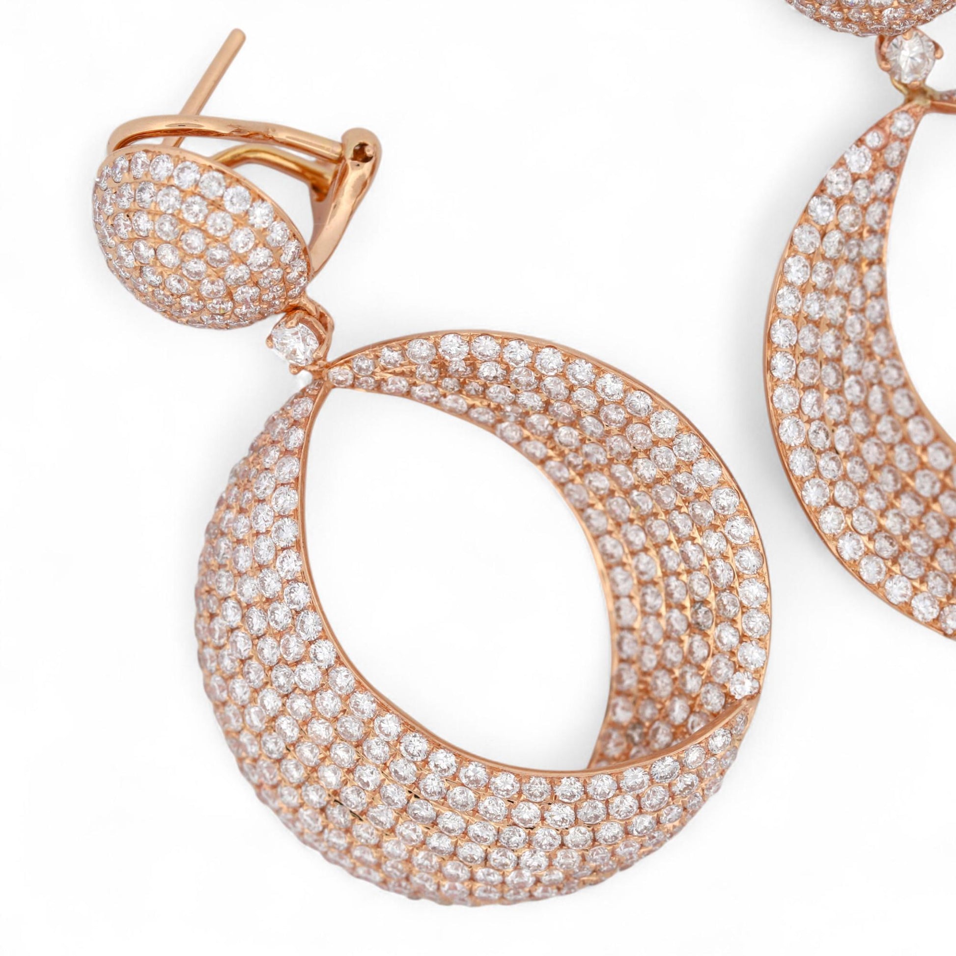 18K Rose Gold Diamond Pave Drop Earrings 6.50ct Statement Omega Backs