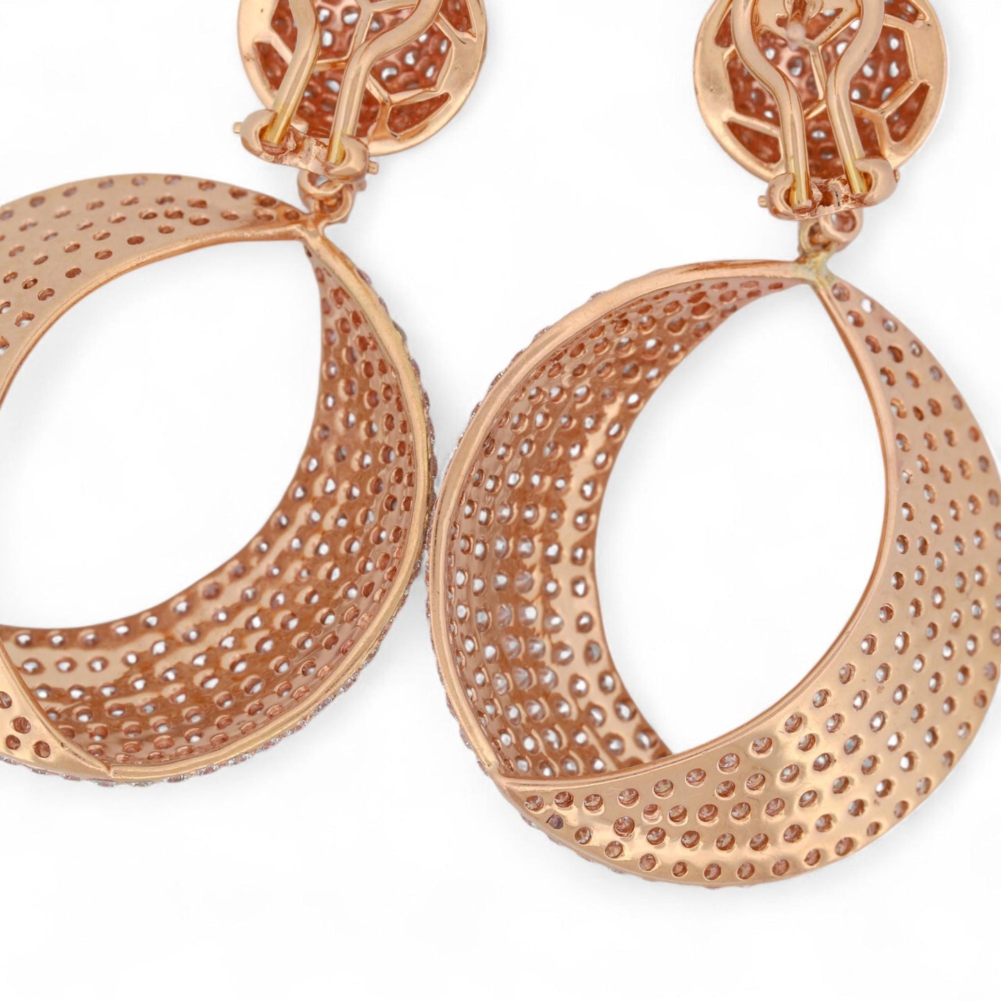 18K Rose Gold Diamond Pave Drop Earrings 6.50ct Statement Omega Backs
