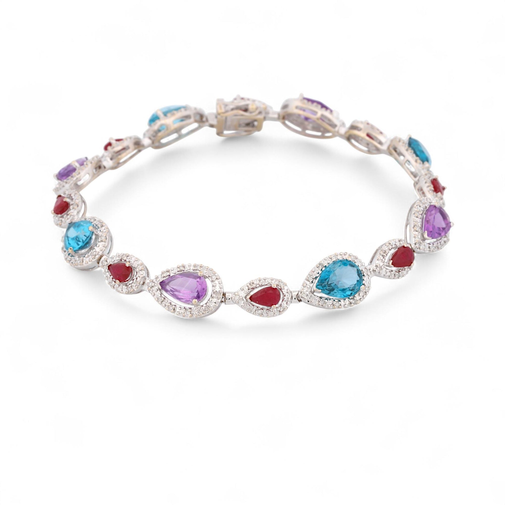 18K White Gold Ruby Blue Topaz Amethyst Diamond Gemstone Bracelet