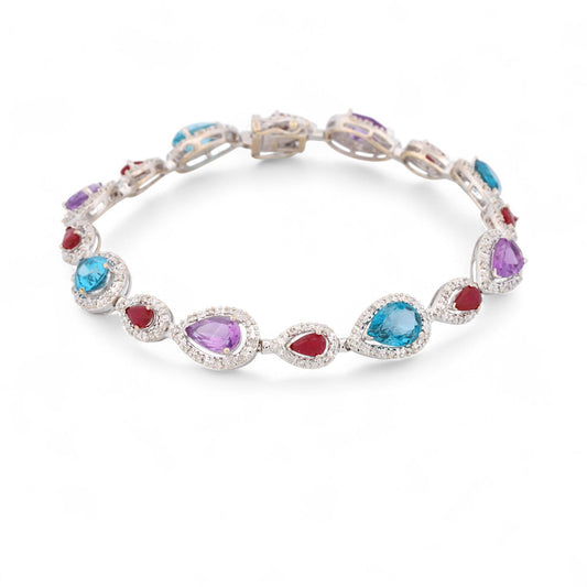 18K White Gold Ruby Blue Topaz Amethyst Diamond Gemstone Bracelet