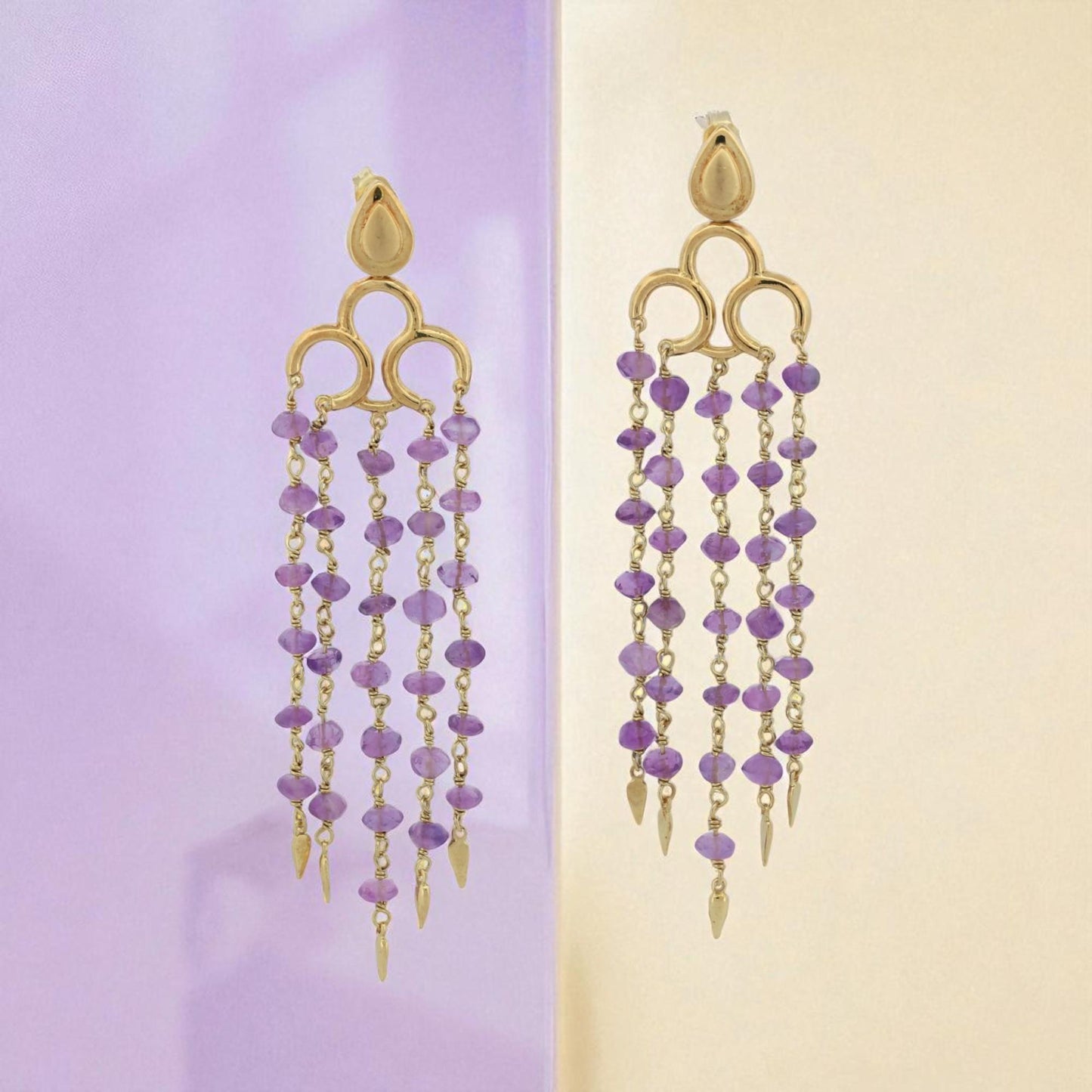Vintage 18K Yellow Gold Amethyst Faceted Bead Chandelier Earrings