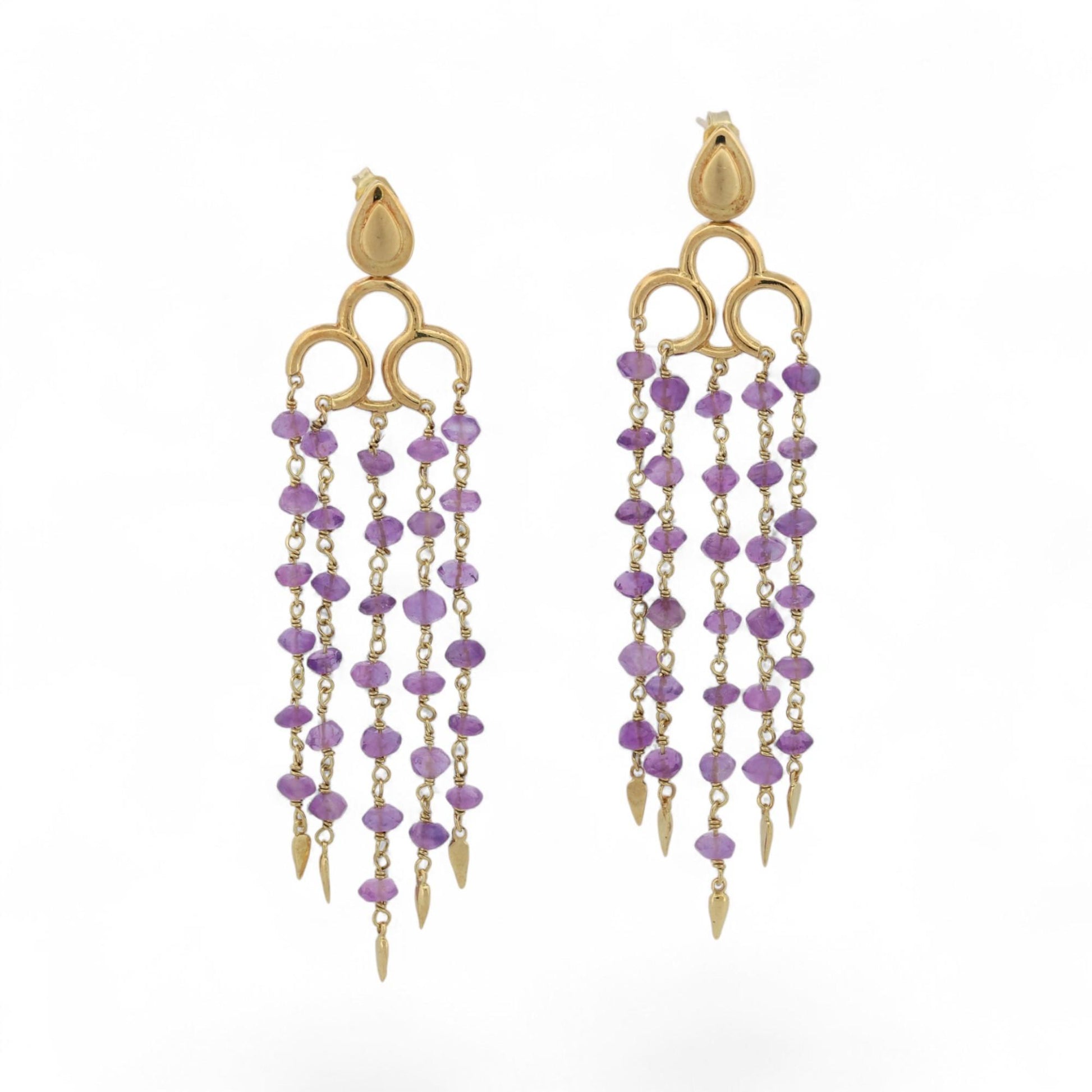 Vintage 18K Yellow Gold Amethyst Faceted Bead Chandelier Earrings