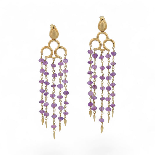 Vintage 18K Yellow Gold Amethyst Faceted Bead Chandelier Earrings