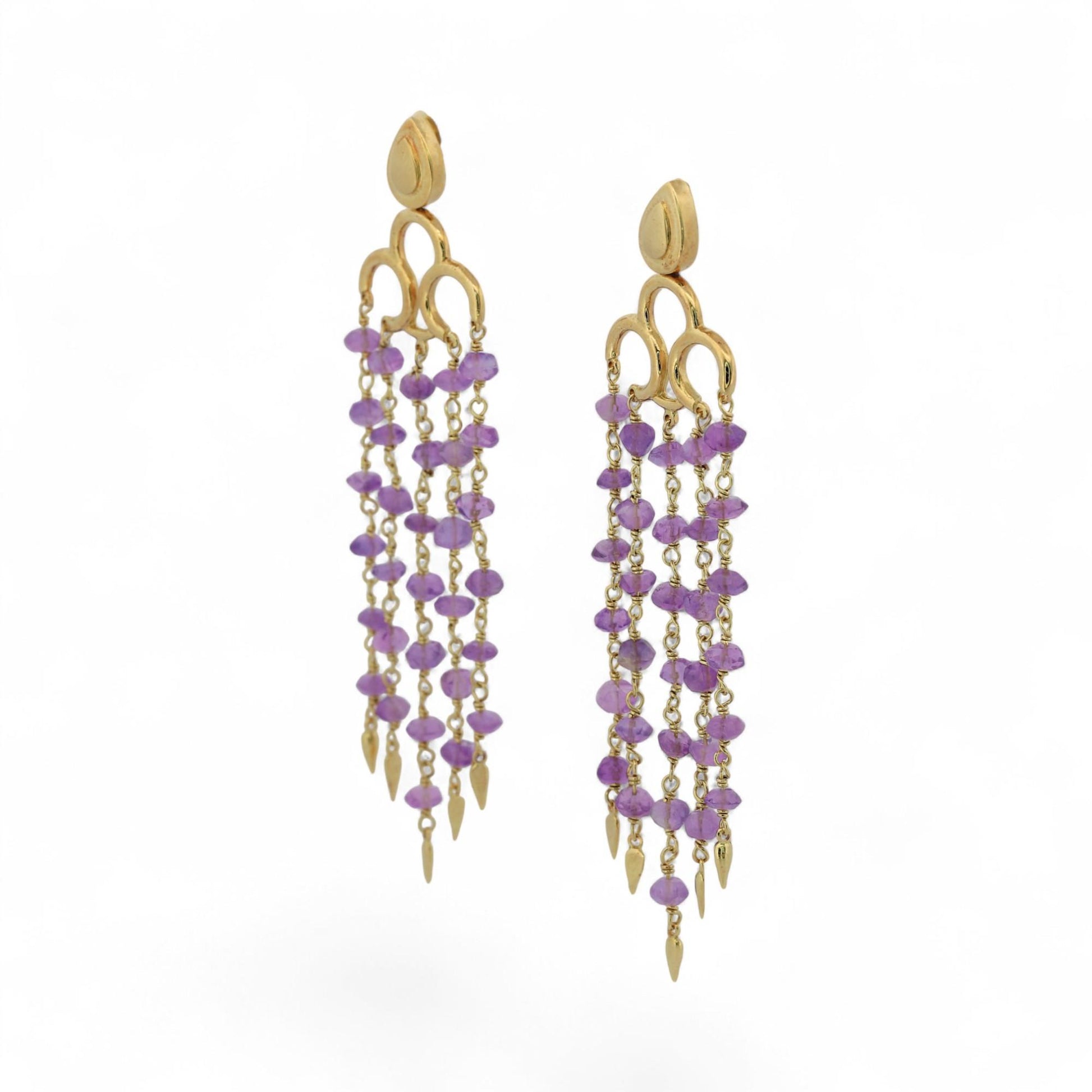 Vintage 18K Yellow Gold Amethyst Faceted Bead Chandelier Earrings