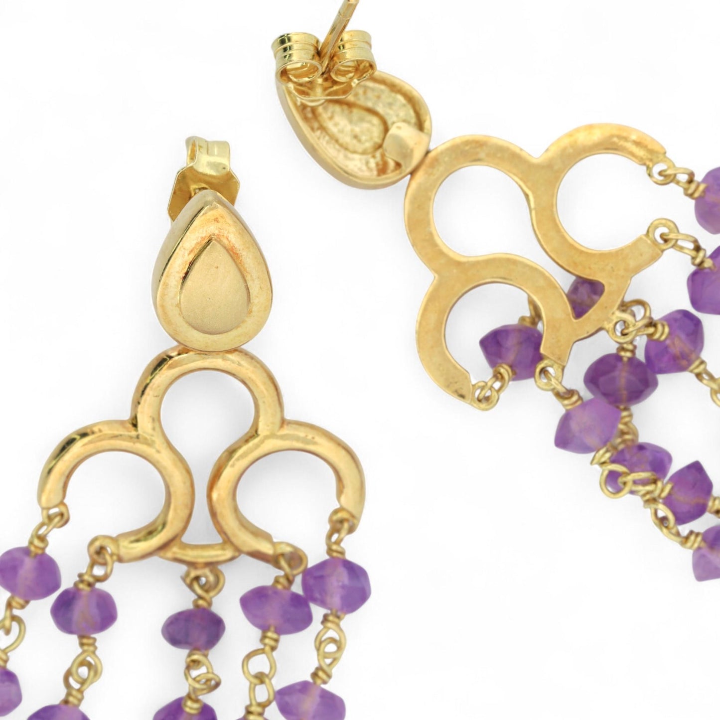 Vintage 18K Yellow Gold Amethyst Faceted Bead Chandelier Earrings