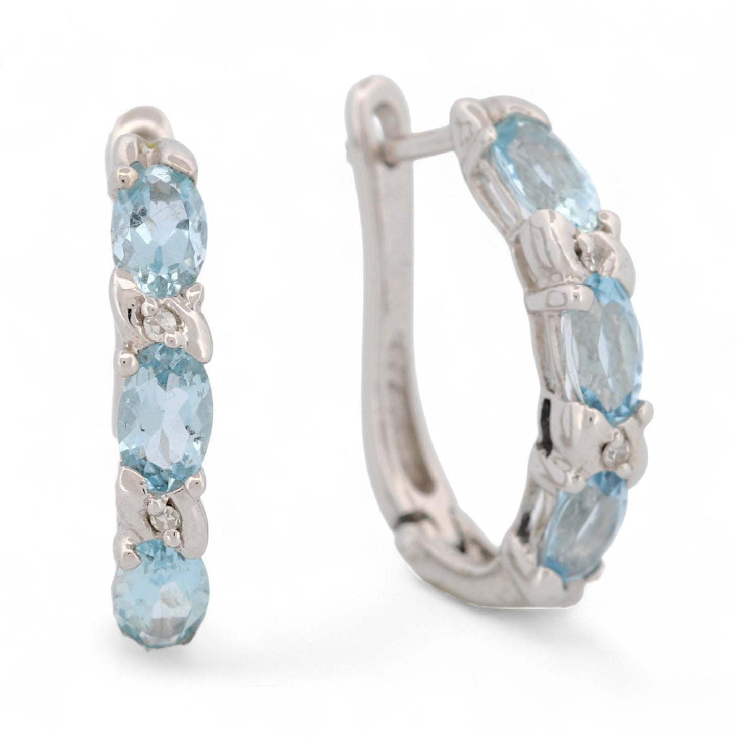 14K White Gold Aquamarine and Diamond Hinged Hoop Earrings